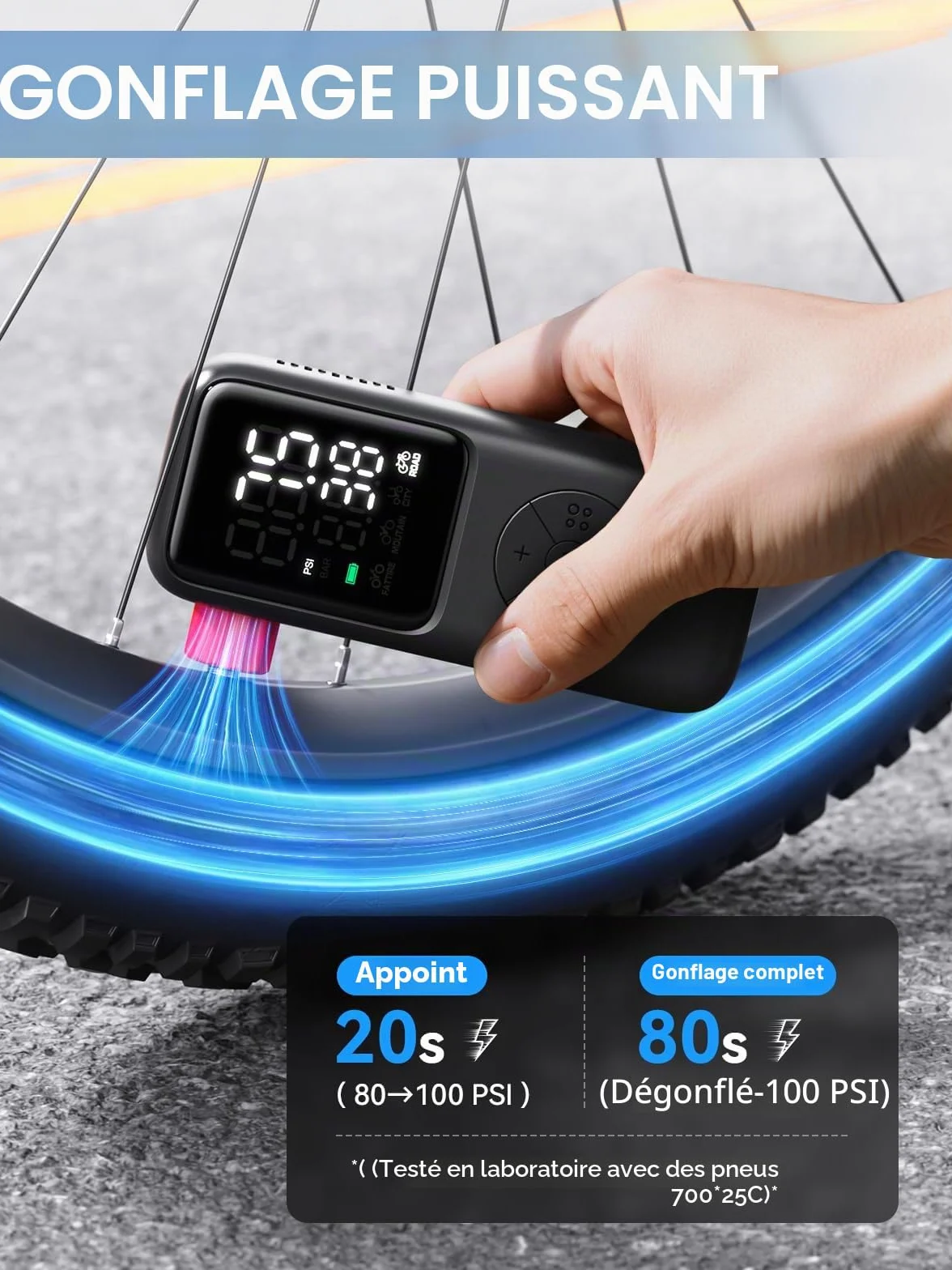 GPUTEK Pompe à vélo électrique 120 PSI avec jauge 5 Modes préréglés pour valves Schrader Presta