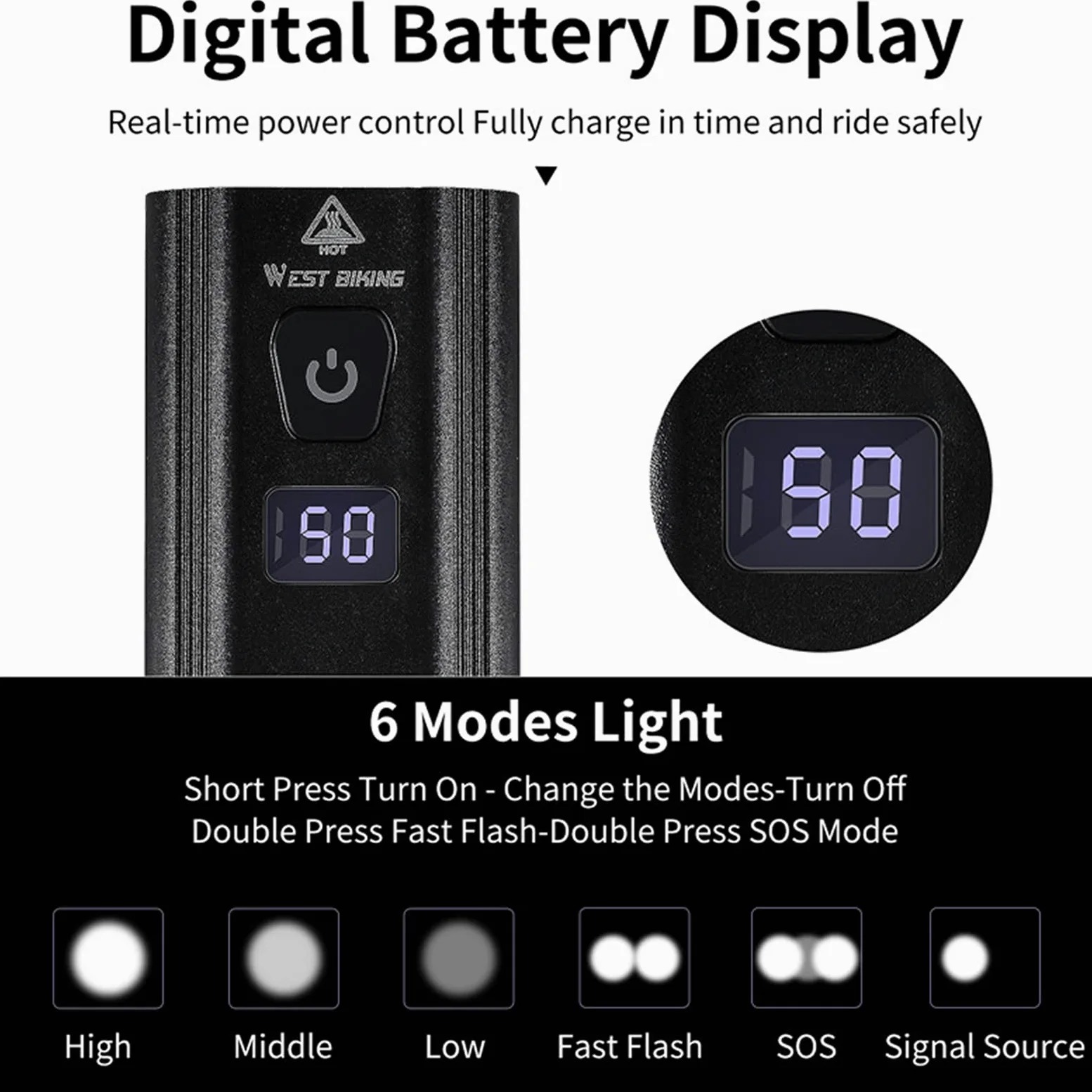 Lumière de Vélo 3 LED Affichage de la Batterie USB Phare Rechargeable Étanche Vélo Avant Lampe Batterie Externe