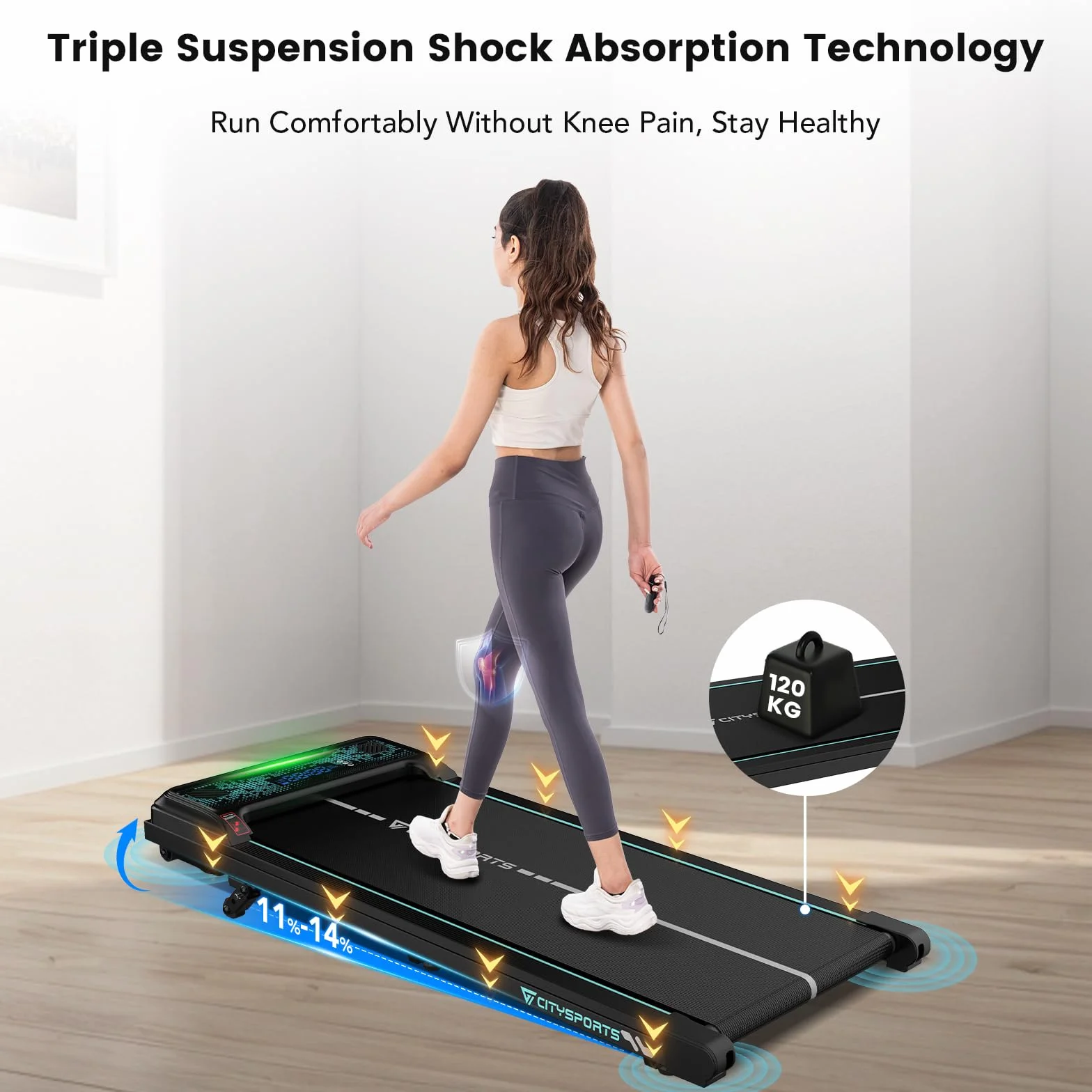 CITYSPORTS Tapis de Course Électrique Inclinable 11-14%, 1-6 km/h, Écran LED, Télécommande