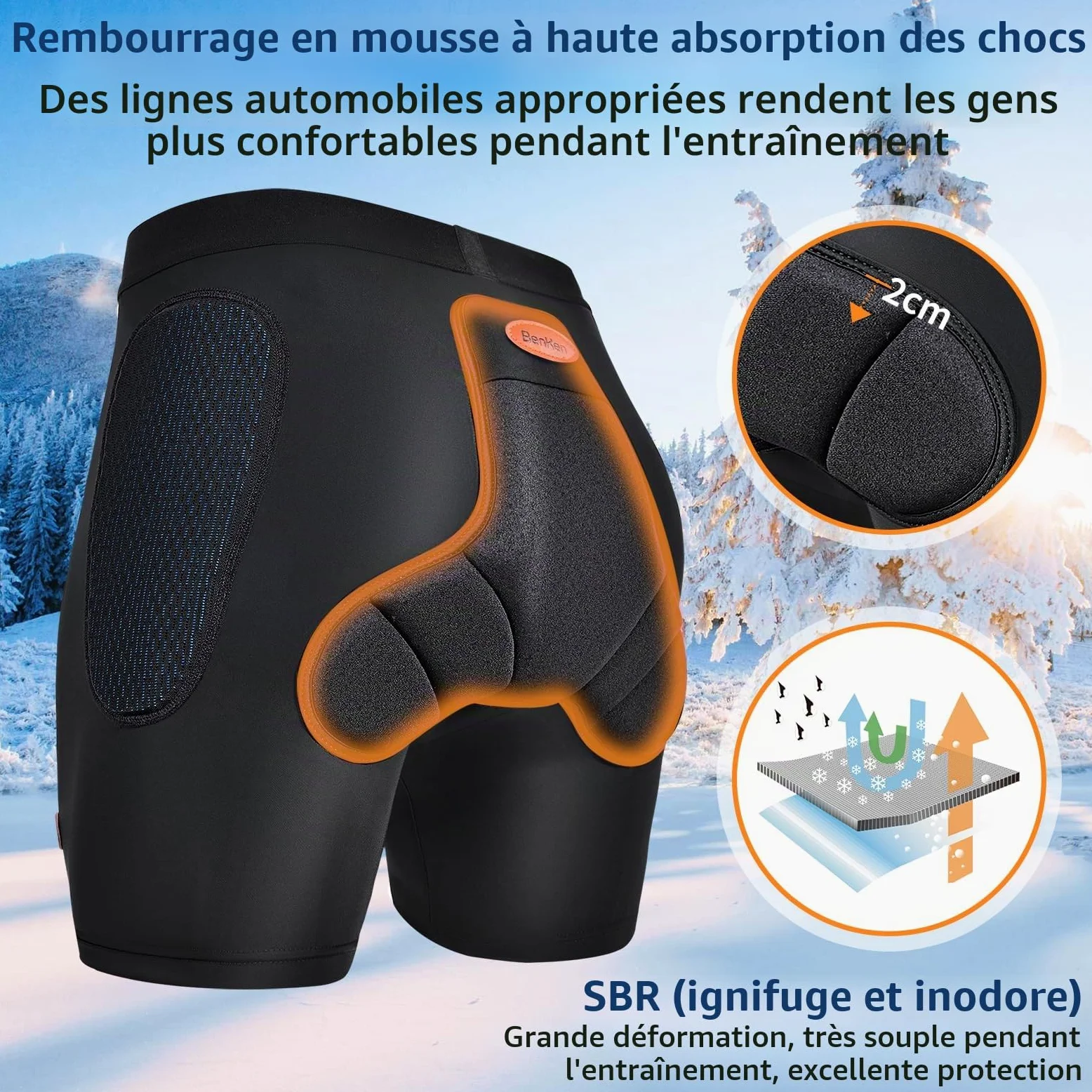 BenKen Short de protection de sport 3D EVA Butt Pad, équipement de protection anti-collision pour homme et femme, short de protection rembourré résistant aux chocs pour snowboard, patinage, patins à