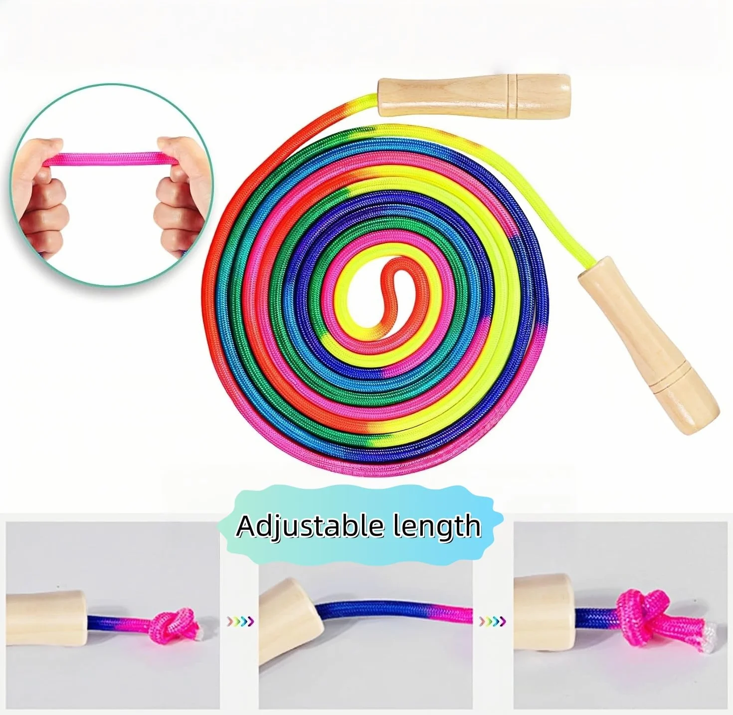 Corde à Sauter Arc-en-ciel Réglable avec Poignée en Bois pour Enfants 2.5M