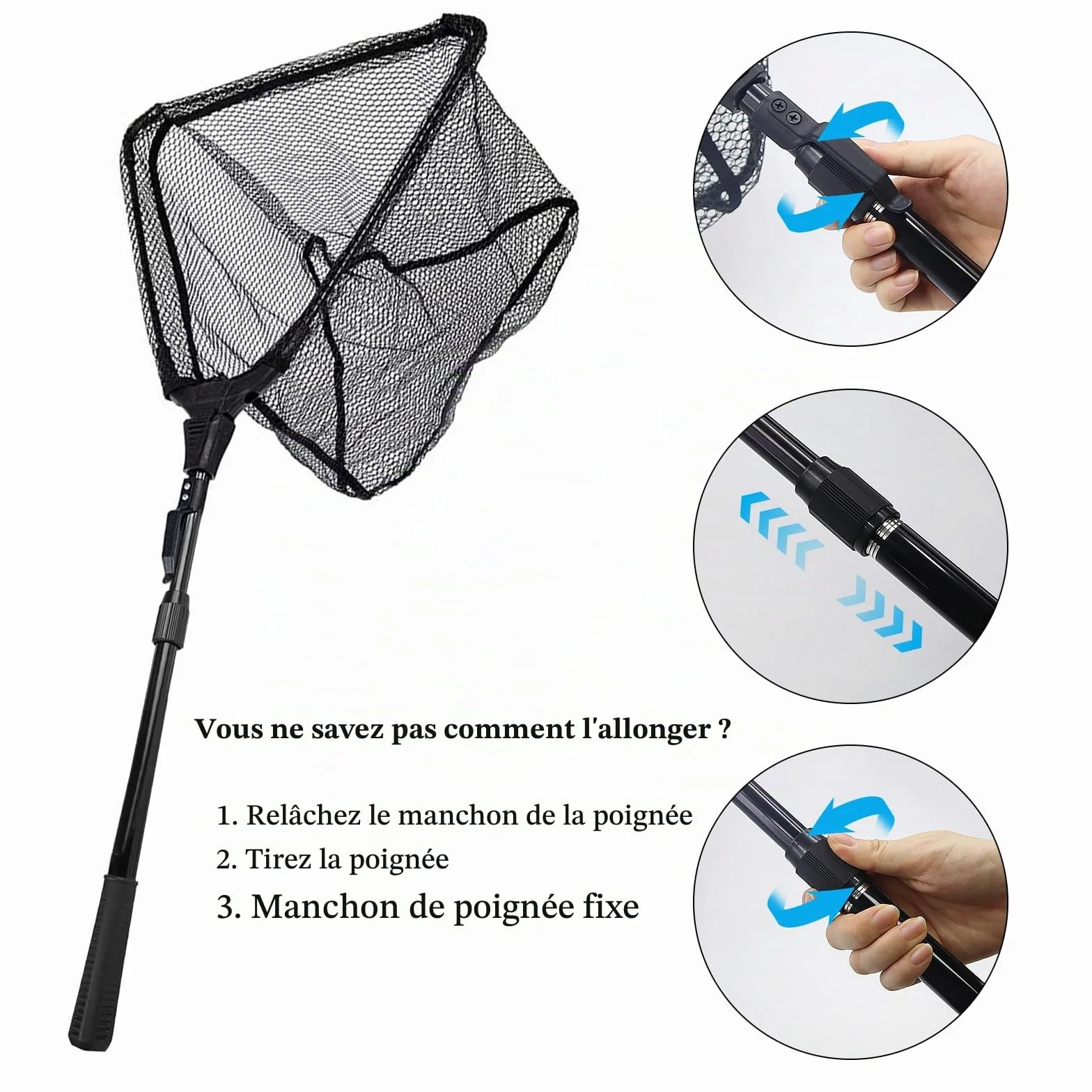 Épuisette de Pêche Pliable, Épuisette Pêche Pliable avec Poignée Télescopique, Longueur Réglable pour Kayak Salmon Chat Basse Étang et Piscine (Noir)