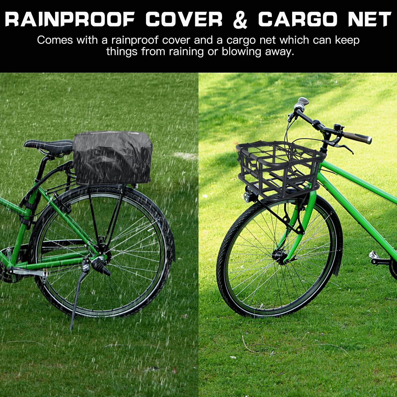 RAYMACE Panier arrière de vélo avec Filet de Cargaison, Housse imperméable et Doublure épaisse, Panier de vélo Robuste, Support Parfait pour vélo électrique