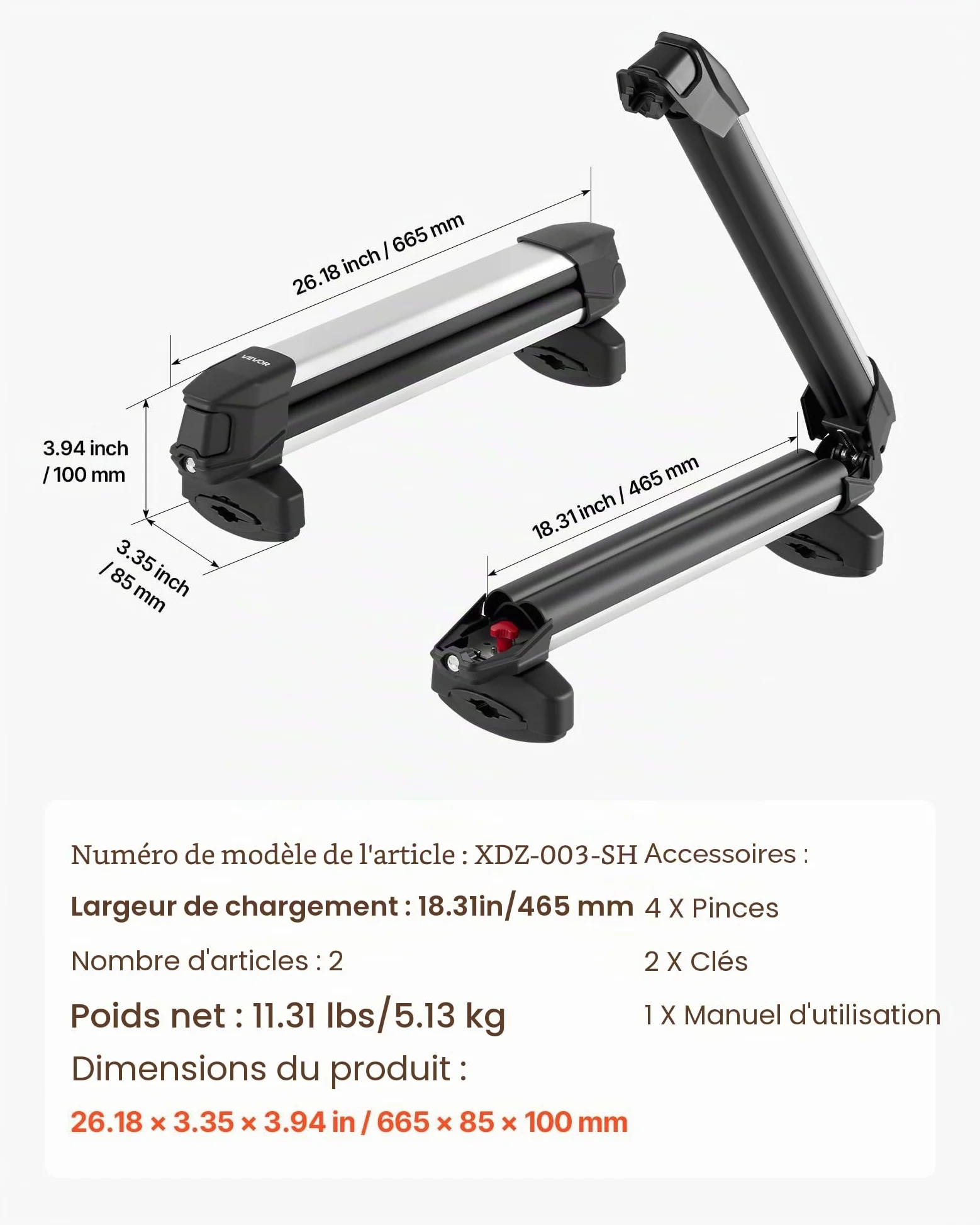 VEVOR Porte-skis sur barre de toit 465 mm, support pour planche à neige universel en aluminium avec verrou, capacité 4 paires de skis ou 2 planches, compatible avec la plupart des barres transversales