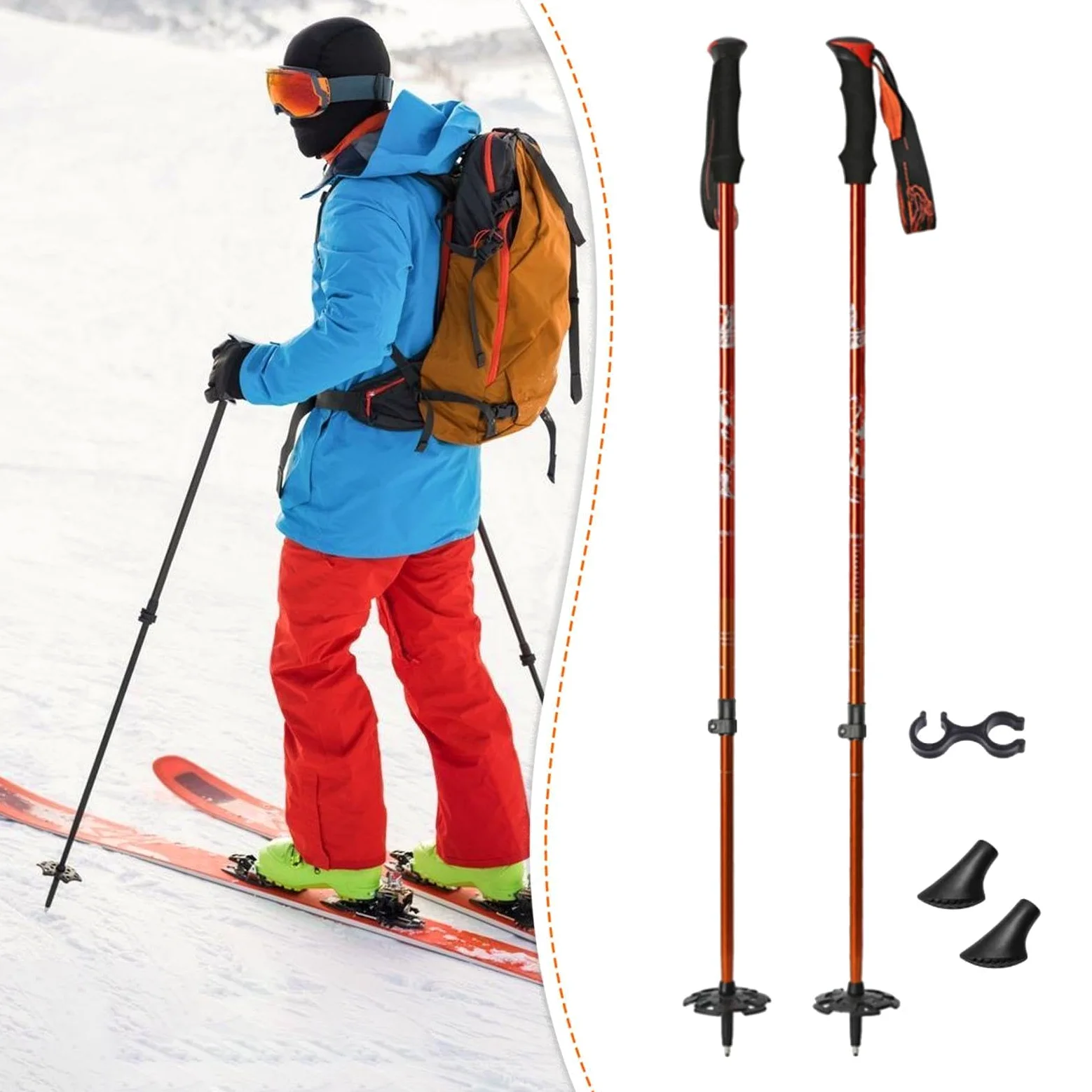 Lot de 2 Bâtons de Ski Ergonomiques en Aluminium avec Réglage Télescopique, Rondelle à Neige et Système de Verrouillage pour Les Passionnés de Ski, Le