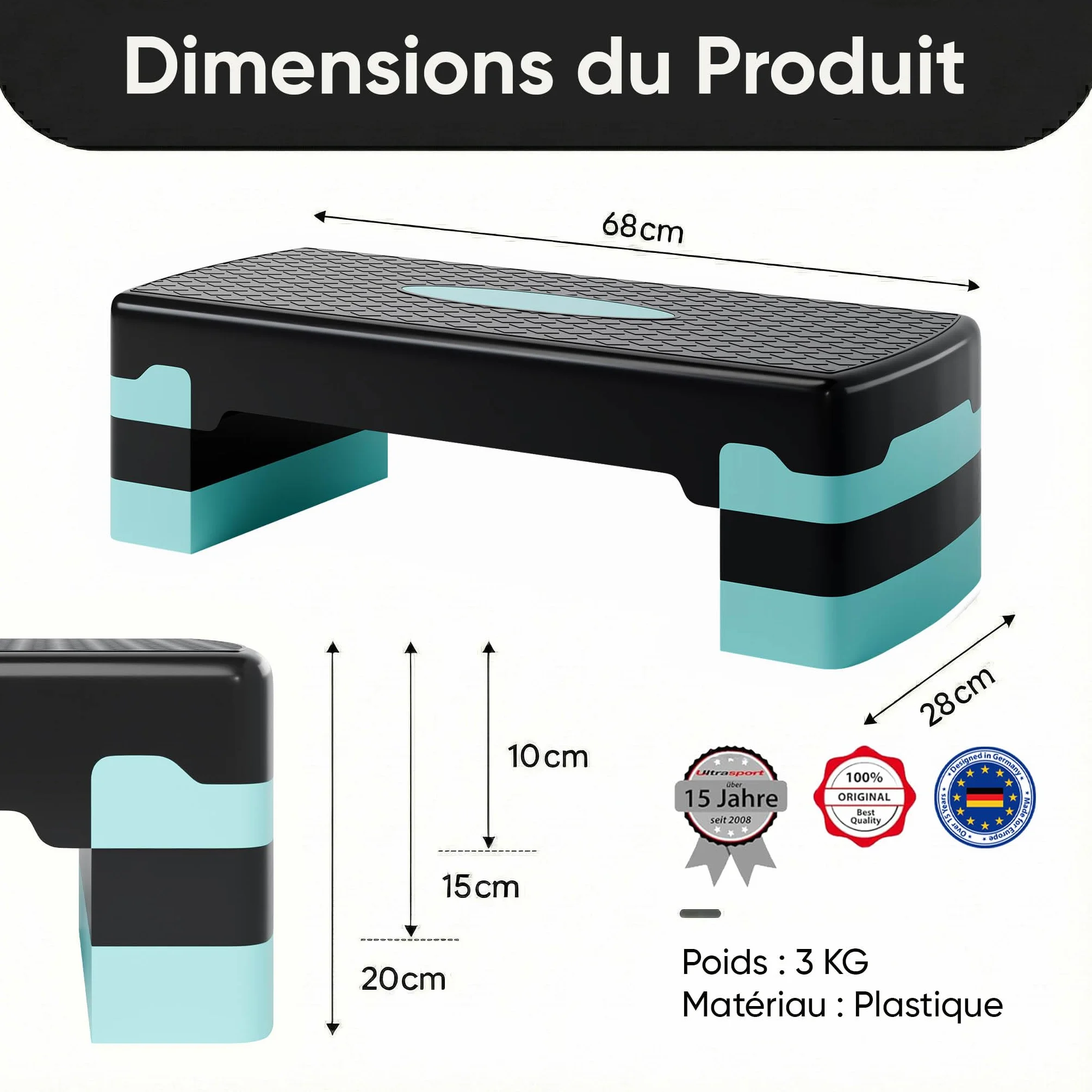Ultrasport Step Aérobic Antidérapant Réglable 3 Niveaux Stepper Fitness 68 x 28 cm Bleu
