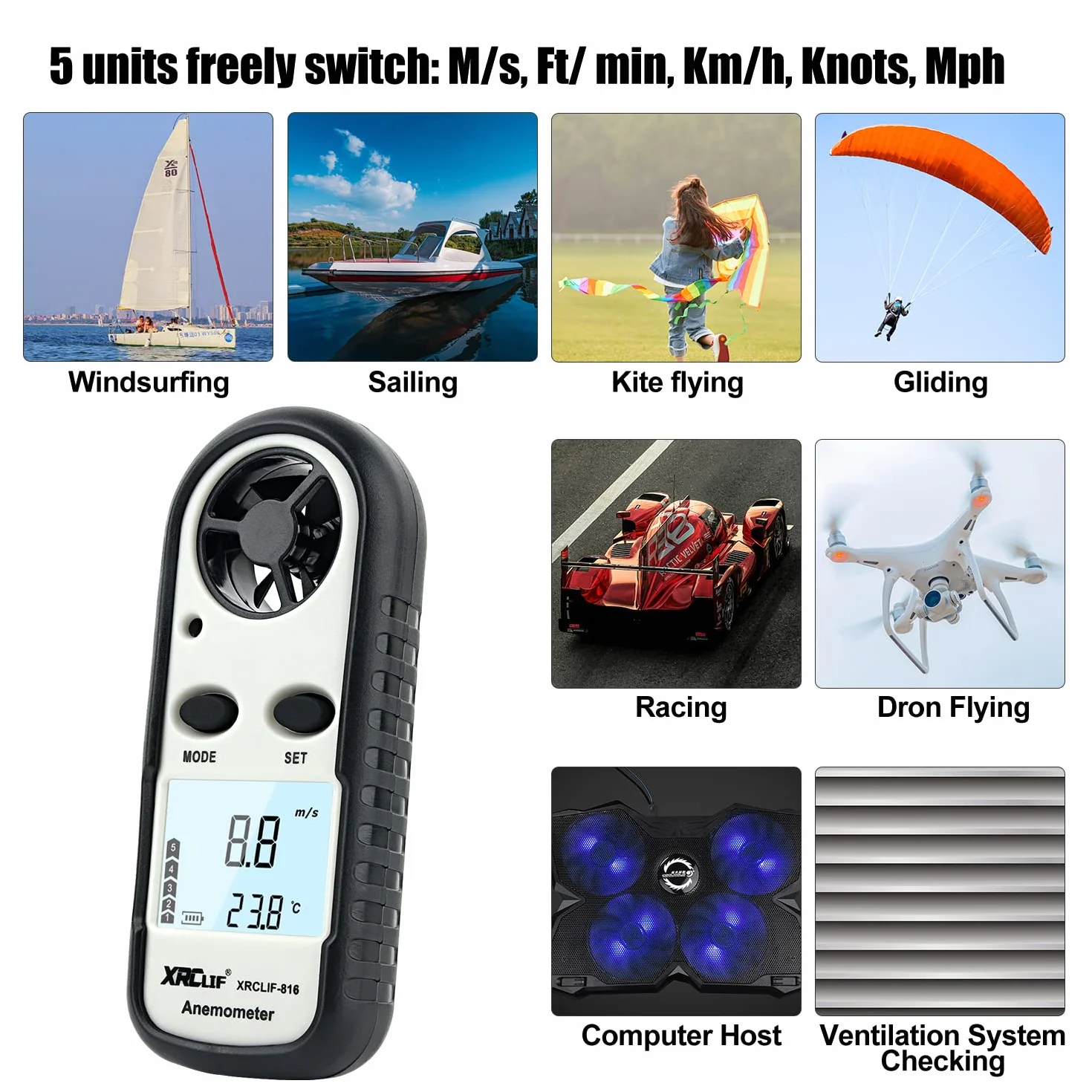 Anémomètre numérique XRCLIF avec rétroéclairage LCD, mesure vitesse vent pour voile surf pêche cerf-volant