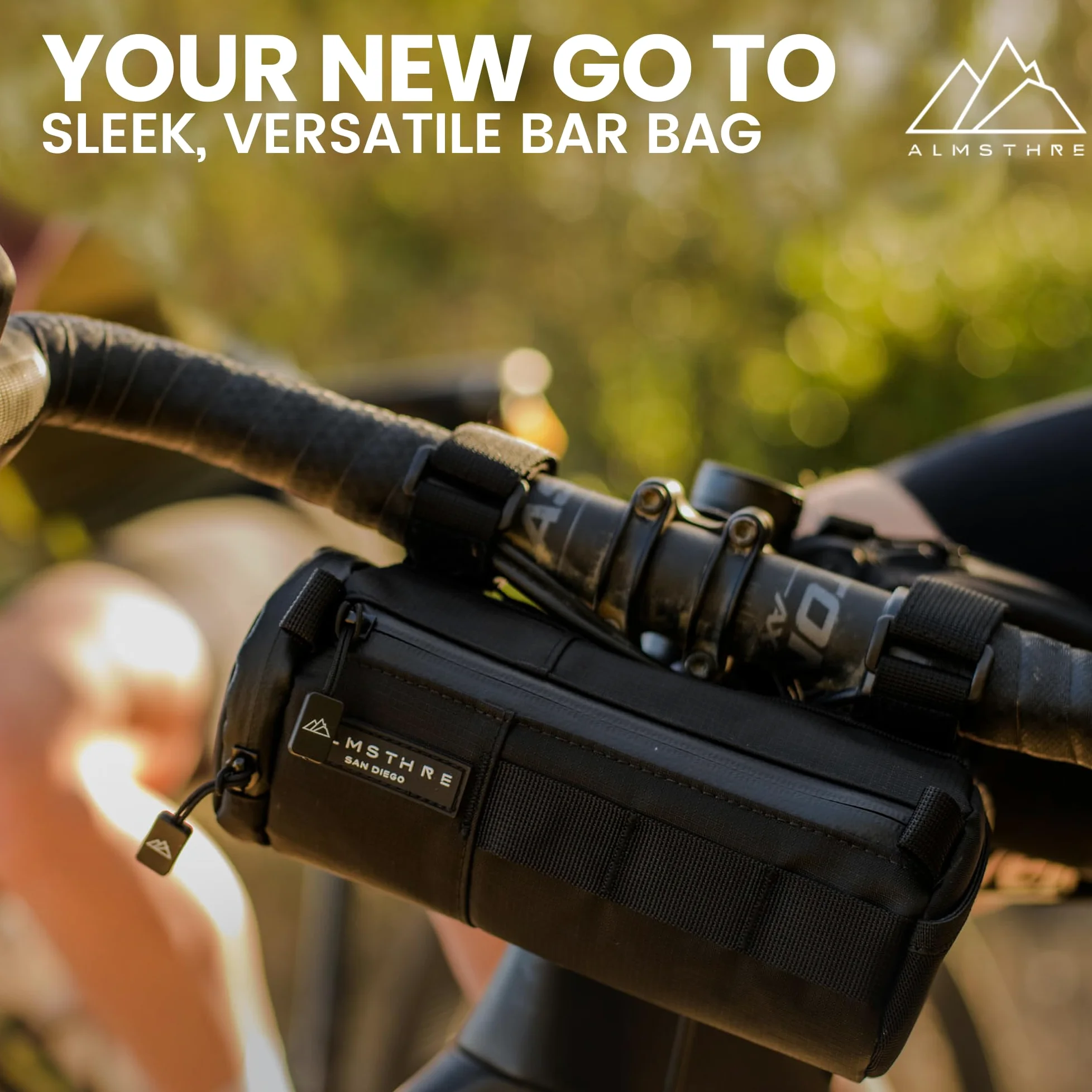 ALMSTHRE Sac de guidon compact – Noir minuit | Sac de guidon de vélo à coque rigide avec fermeture éclair étanche et sangles réglables | Sac de guidon de vélo léger, compatible avec les vélos de route