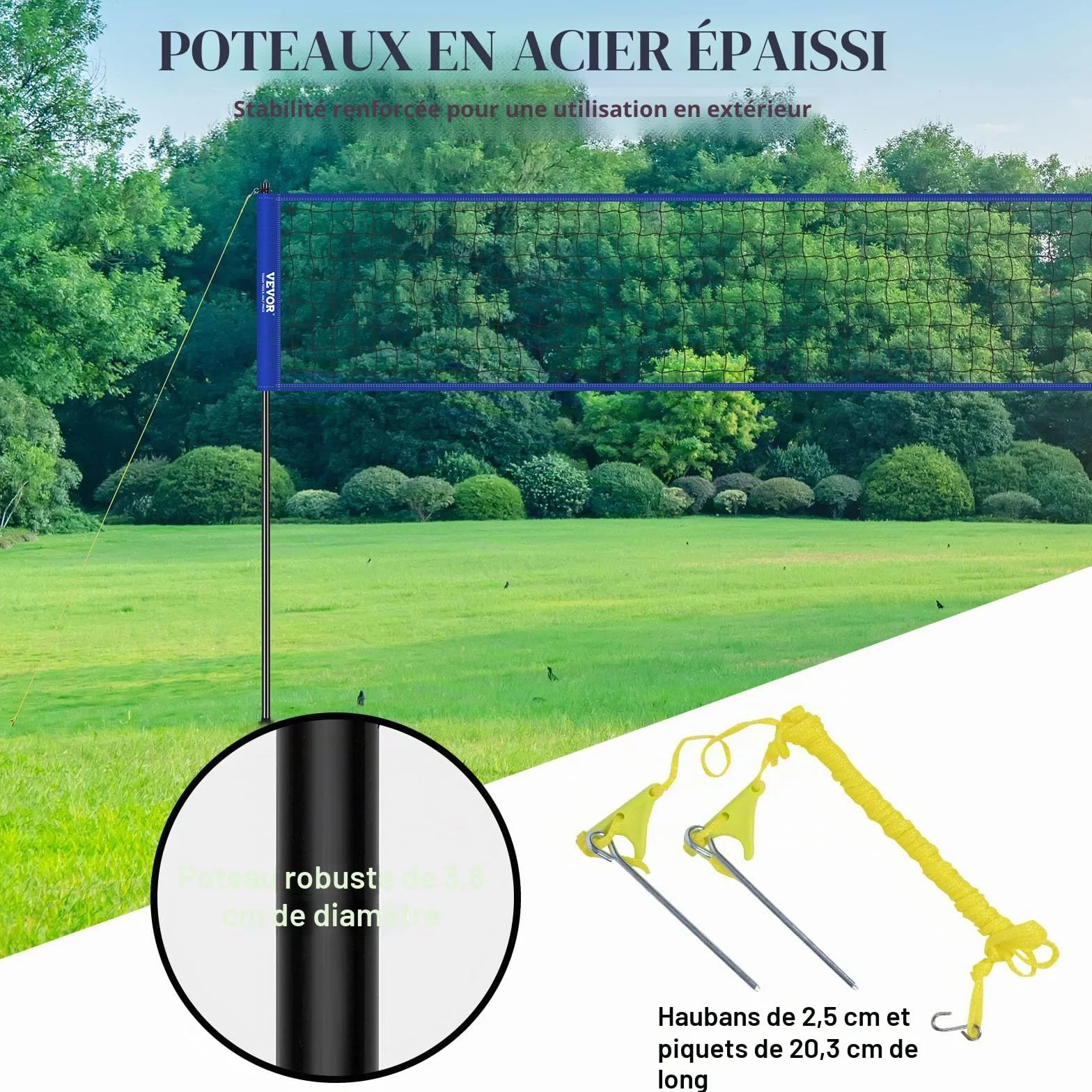 VEVOR Filet de Volley-Ball Portable d'Extérieur, Poteaux en Acier Réglable, Ensemble avec Ballon PVC, Pompe et Sac