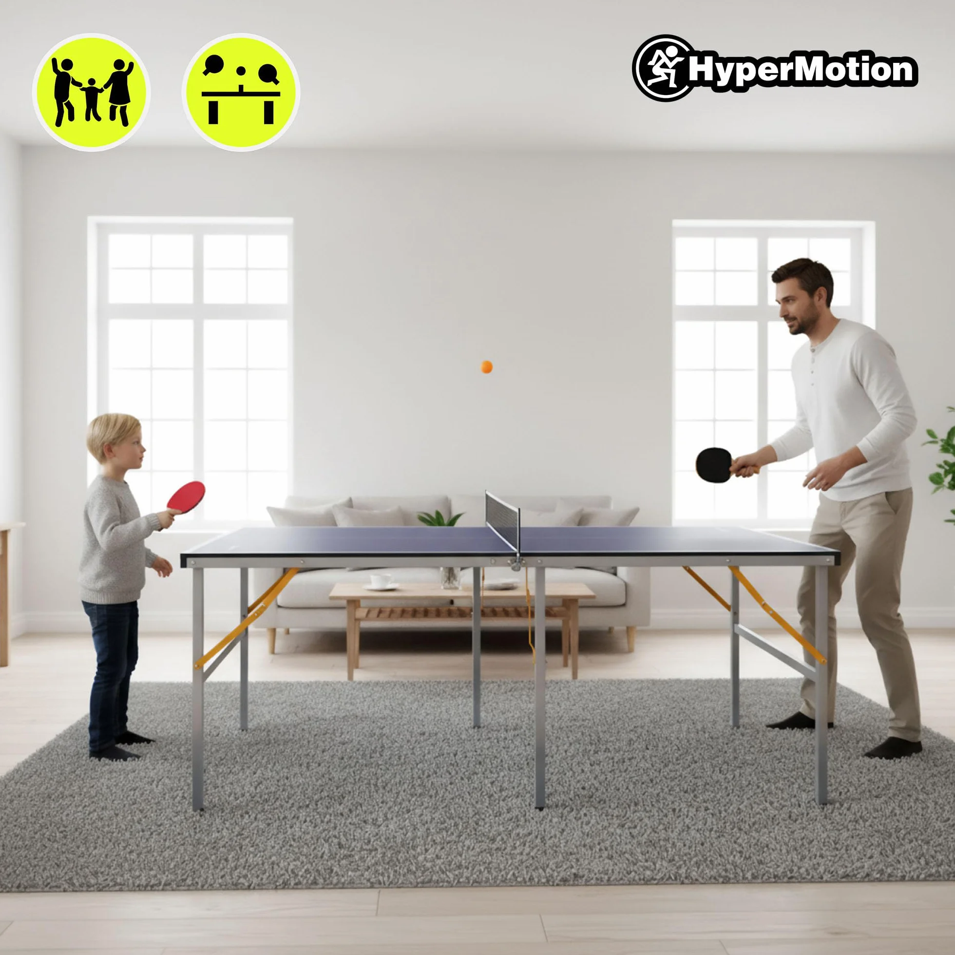 HyperMotion HYP32 Table de Ping Pong Pliante pour Enfants et Adultes, Modèle Compact d’Intérieur avec Filet, Raquettes et Balles, Facile à Transporter