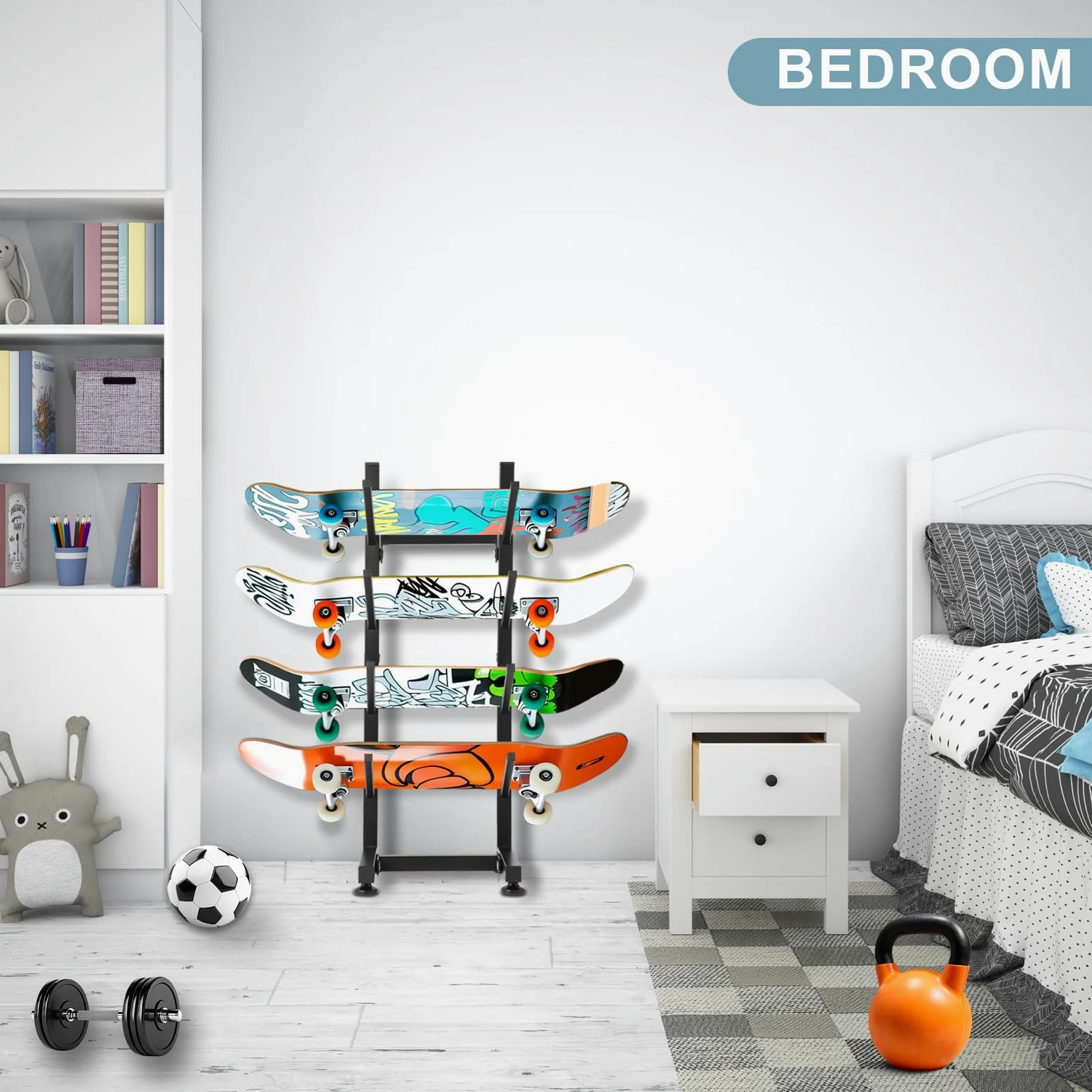 BiJun Support de sol pour skateboard, support de planche à roulettes à 4 couches, support de rangement pour planche à neige, support de plancher pour terrasse, longboard, snowboard, skateboard