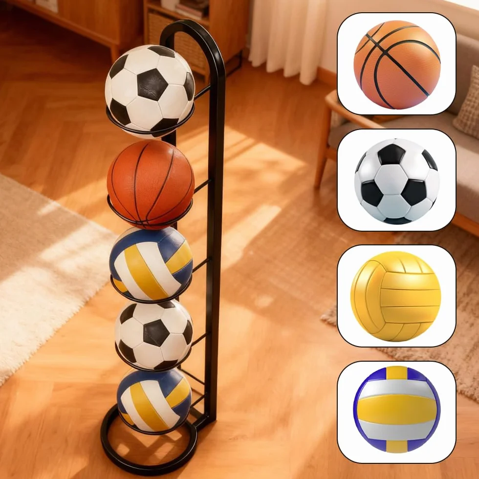 Rangement Ballon 5 Niveaux, Porte Ballon sur Pieds Métal 115.5 × 23.5 cm, Noir