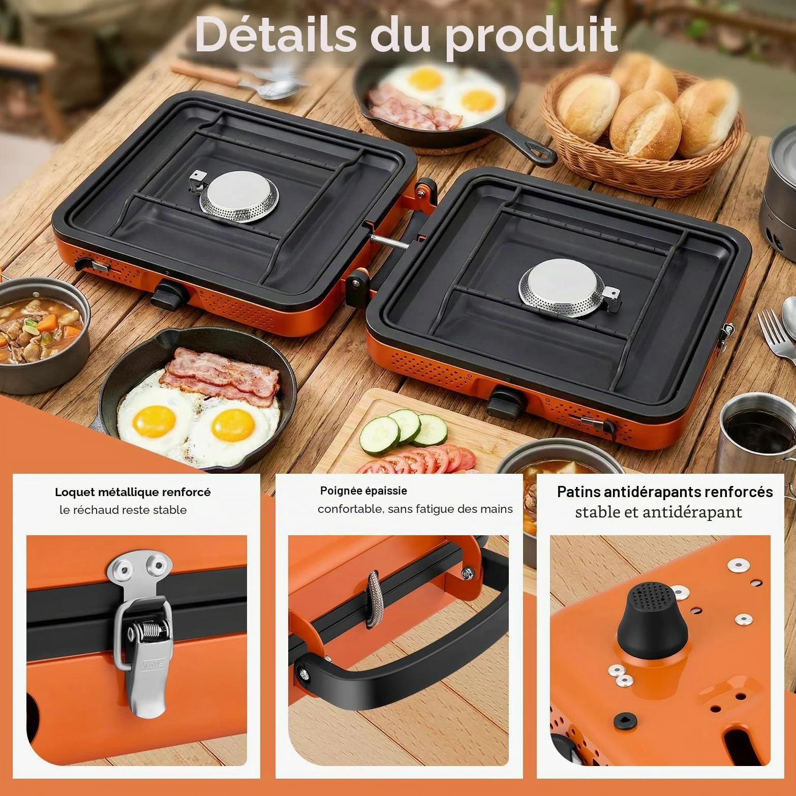 Réchaud de Camping Portable 2 Brûleurs 4400W, Cuisinière à Gaz Puissante pour Cuisson en Extérieur, Réchaud Pliable avec Allumage pour Randonnée Pique-nique Voyage