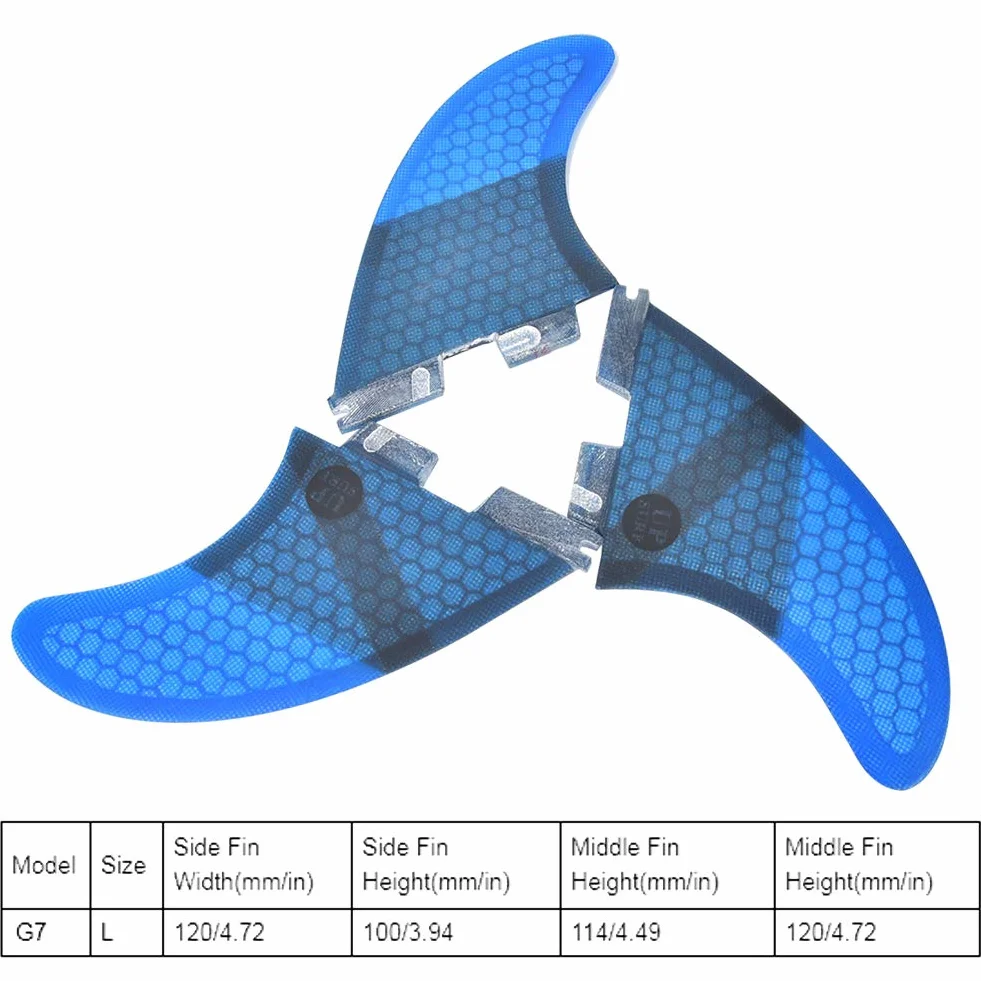 3 ailerons de surf lisses, ailerons arrière légers en fibre de verre, élégants et pratiques, bleus, pour planche de surf et paddleboard. Accessoire de surf flexible et stable.