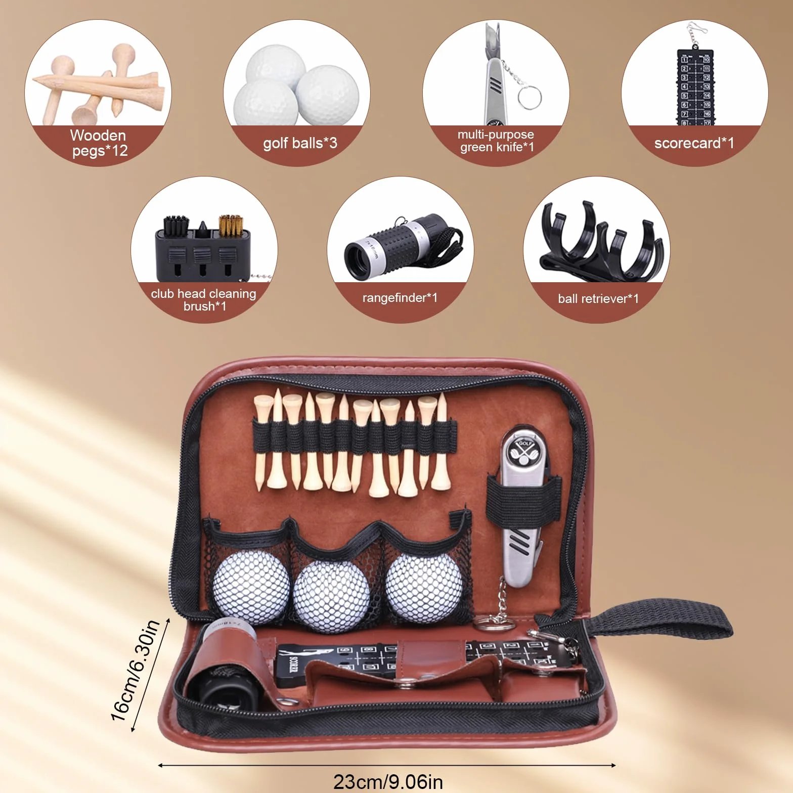 Kit Accessoires de Golf Homme Femme, Sac Multifonctionnel 7 en 1 avec Trousse PU, Cadeau pour Golfeur Complet Brosse Nettoyage, Rampasse-Ball, Fourchette de Green