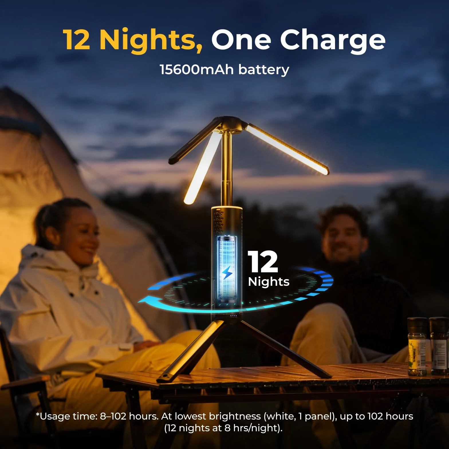 BougeRV Lampe de camping télescopique, 15600 mAh, rechargeable, lampe de camping portable, 1000 x 3 lumens, lampe de camping pour tente, urgence, extérieur, noir