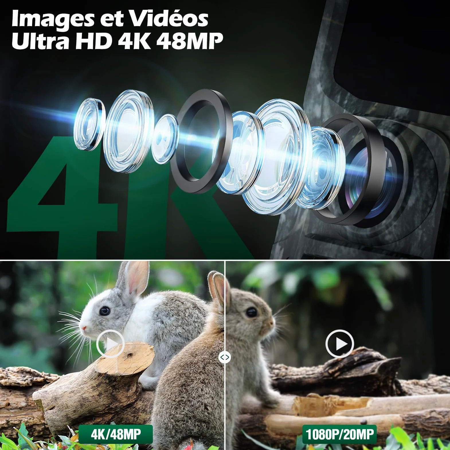 VOOPEAK Camera de Chasse 4K 30FPS 48MP, Caméra de Chasse Nocturne Activé par Le Mouvement, Caméra Chasse Infrarouge Surveillance Exterieur Grand Angle 120° Camera Animaux IP66 Étanche | Déclenchement par mouvement, vision nocturne infrarouge et grand angl