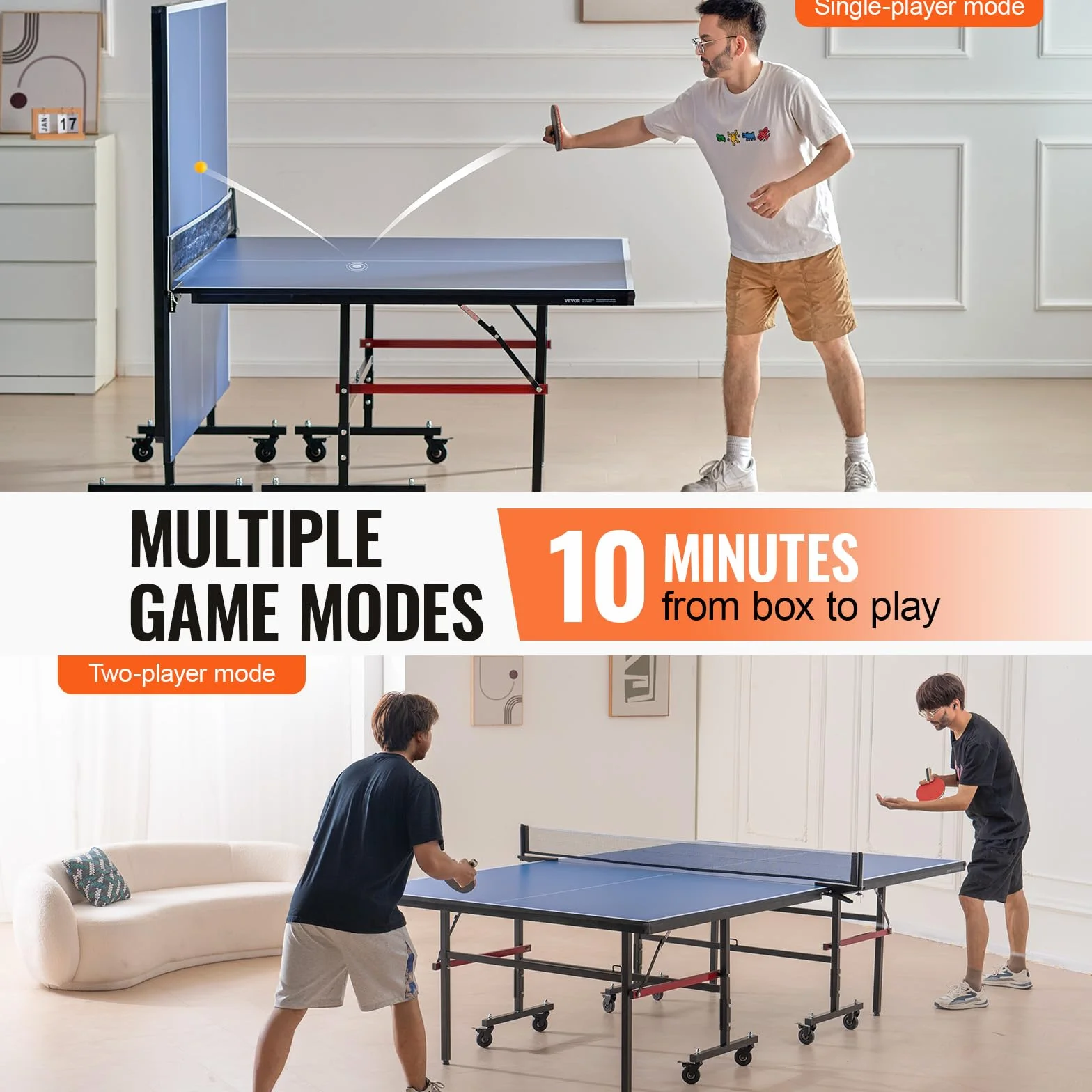 VEVOR Table de ping-pong pliable MDF 18 mm avec filet à serrage rapide et roues verrouillables