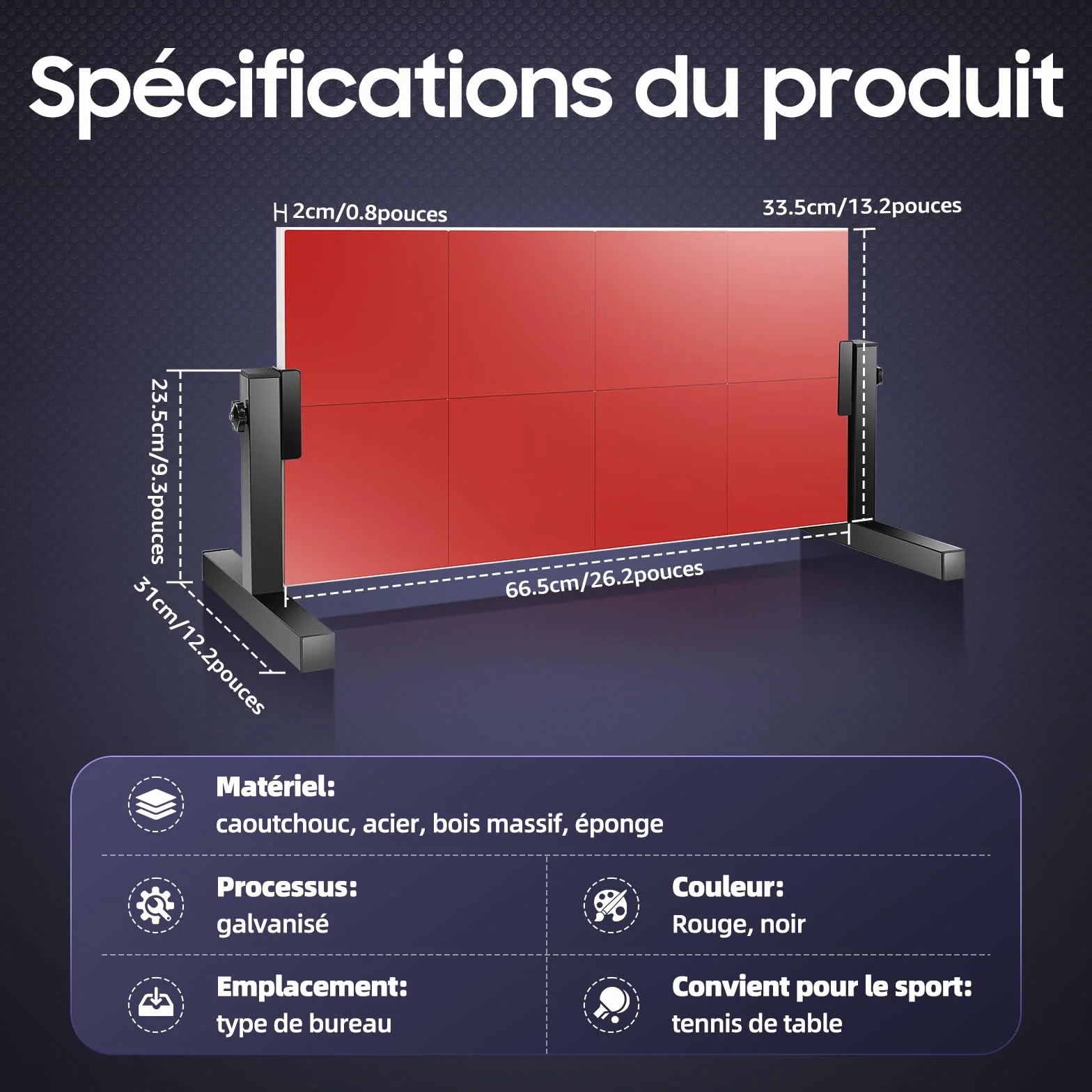 Entraîneur de tennis de table, angle réglable à 360°, 8 blocs en caoutchouc, grande zone d'exercice, tennis de table, planche de rebond avec 7 couches de bois, planche de rebond en acier pour