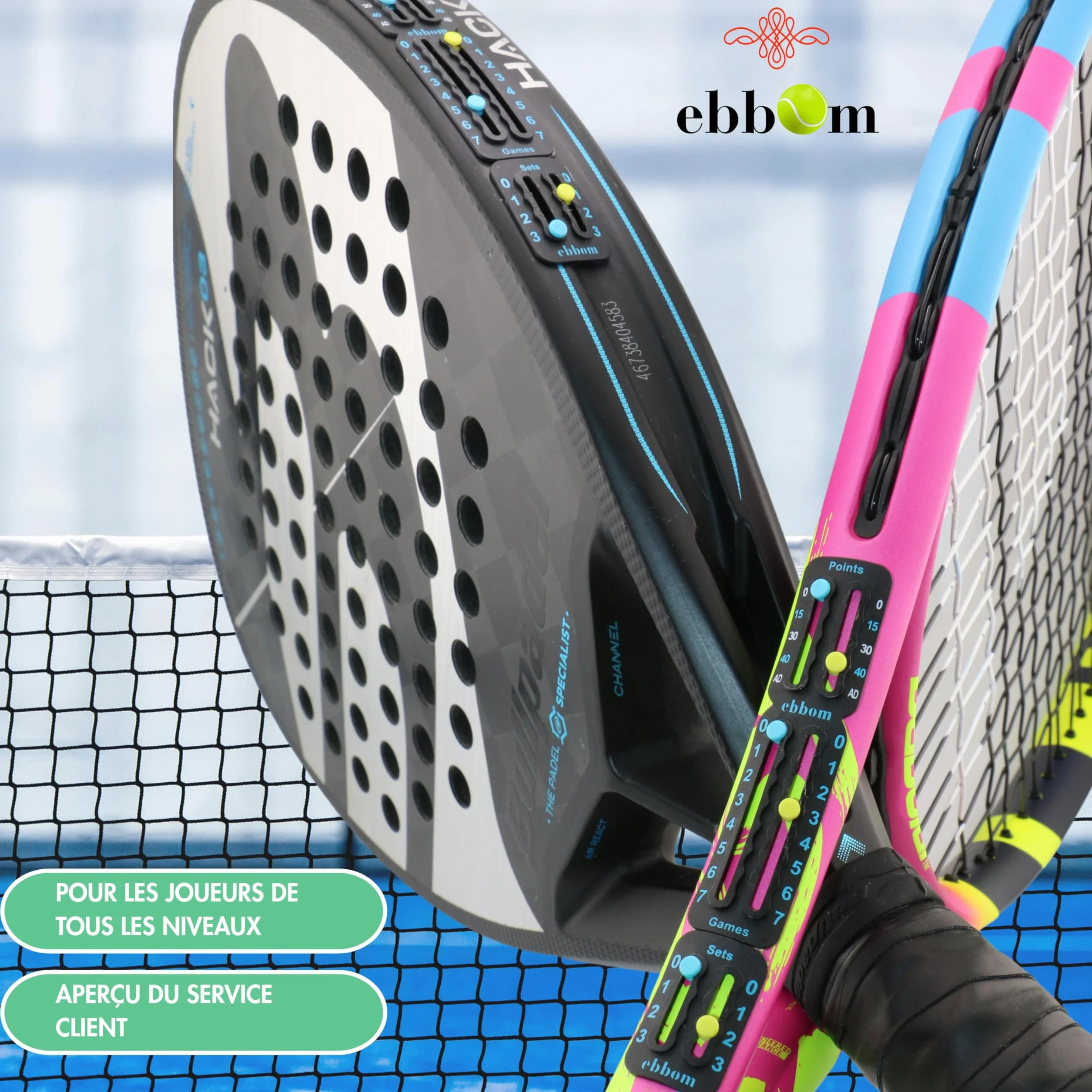 Compteur de Points Padel et Tennis Ultraléger avec Adhésif 3M - Inclus 2 Overgrips B/N et 1 Nettoyant – Adaptable à Toutes Les Raquettes et Palas – Accessoires Padel – Marqueur Padel