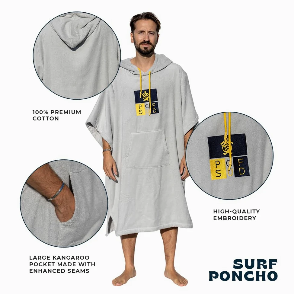 Surf Poncho - Peignoir de Serviette Polyvalent avec Manches, Capuche et Poche Avant – Coton Premium, Idéal pour Le Surf, La Natation et Les Sports de Plein Air - Unisexe, Taille Unique
