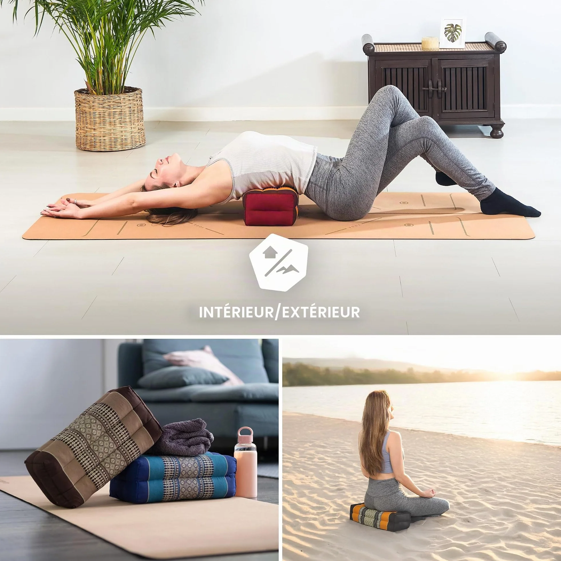 Coussin de méditation kapok 17x34x12cm - Coussin yoga carré bloc - Accessoires yoga pilates