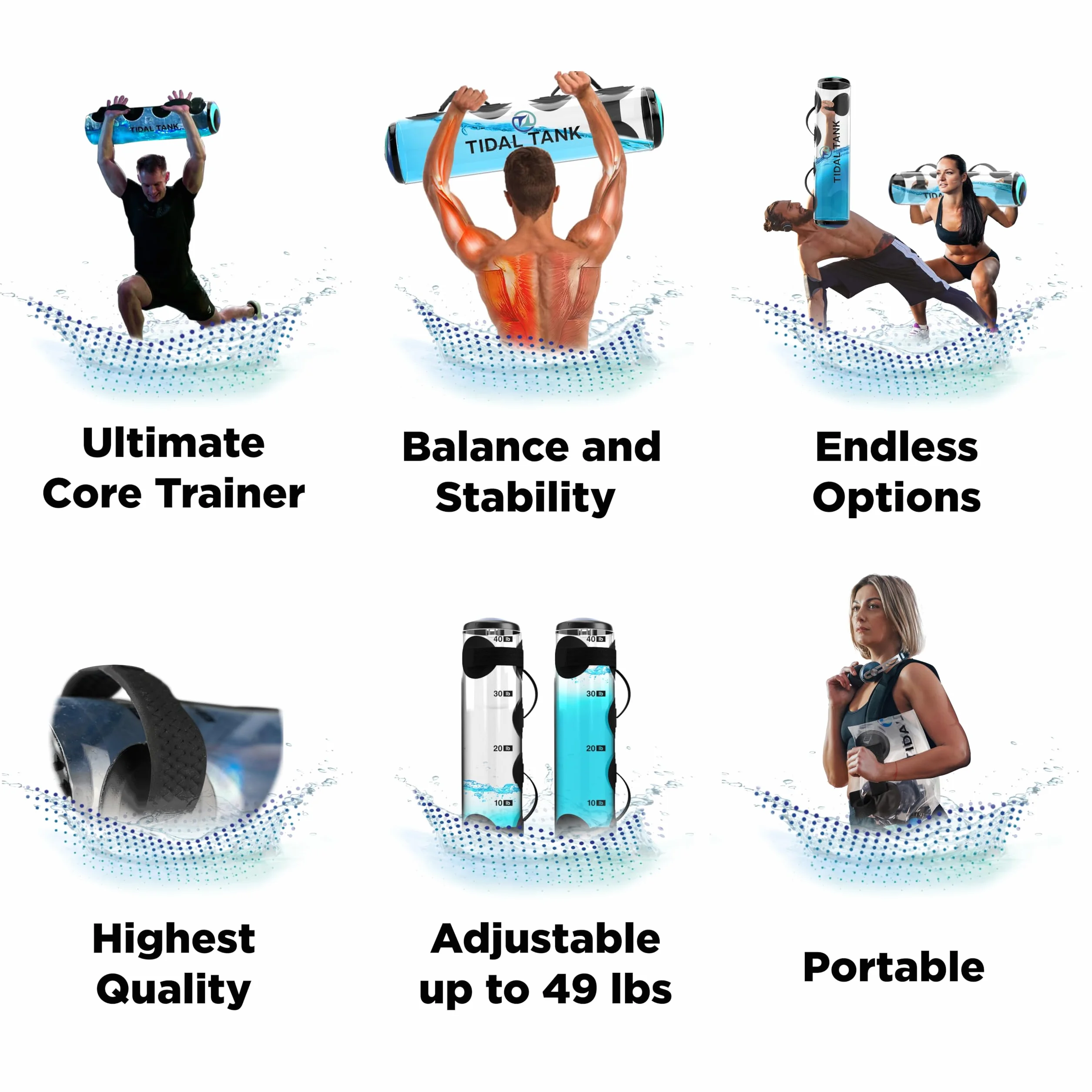 Tidal Tank Sac de Sable Alternatif 20,4 kg - Sac Aquatique réglable et d'alimentation avec Eau - Appareil de Base et d'équilibre - Équipement de Fitness Portable