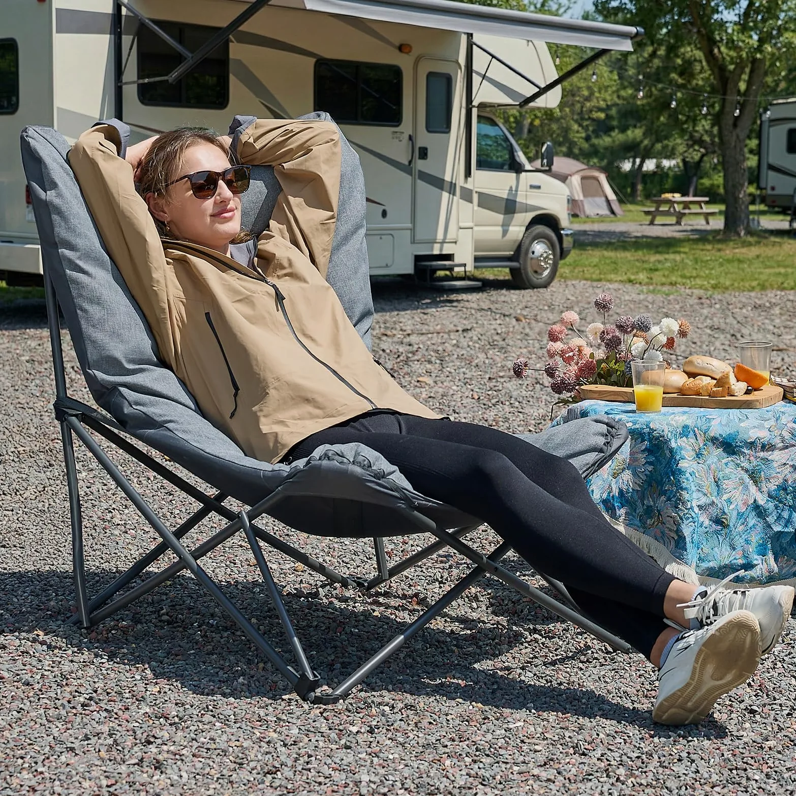 EVER ADVANCED Chaise de Camping Pliable XXL 180kg, Dossier Haut | Chaise pliante surdimensionnée à dossier haut, relax pour camping, jardin, balcon, pêche, intérieur, grise