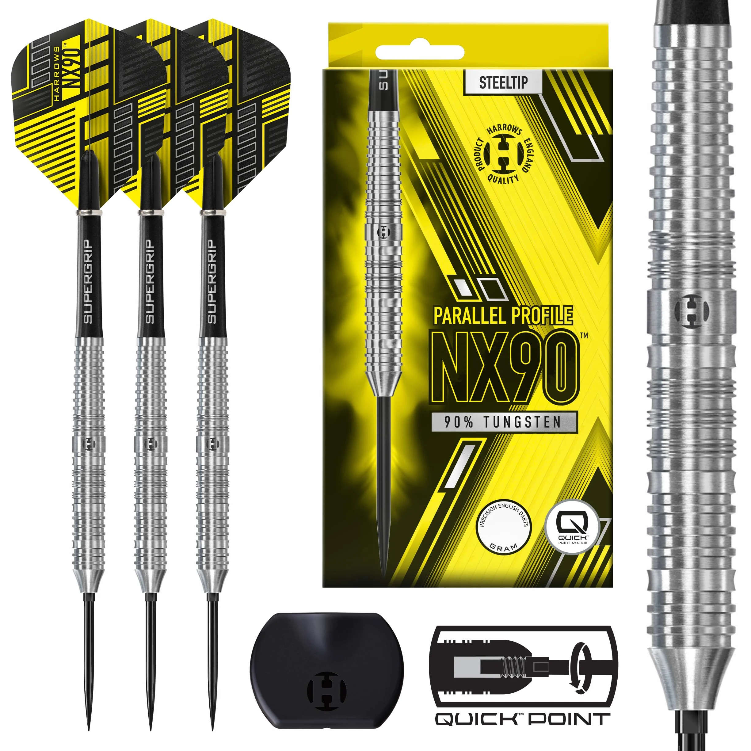 Harrows NX90 fléchettes tungstène 90% 23 g lot de 10 pointe acier changement rapide