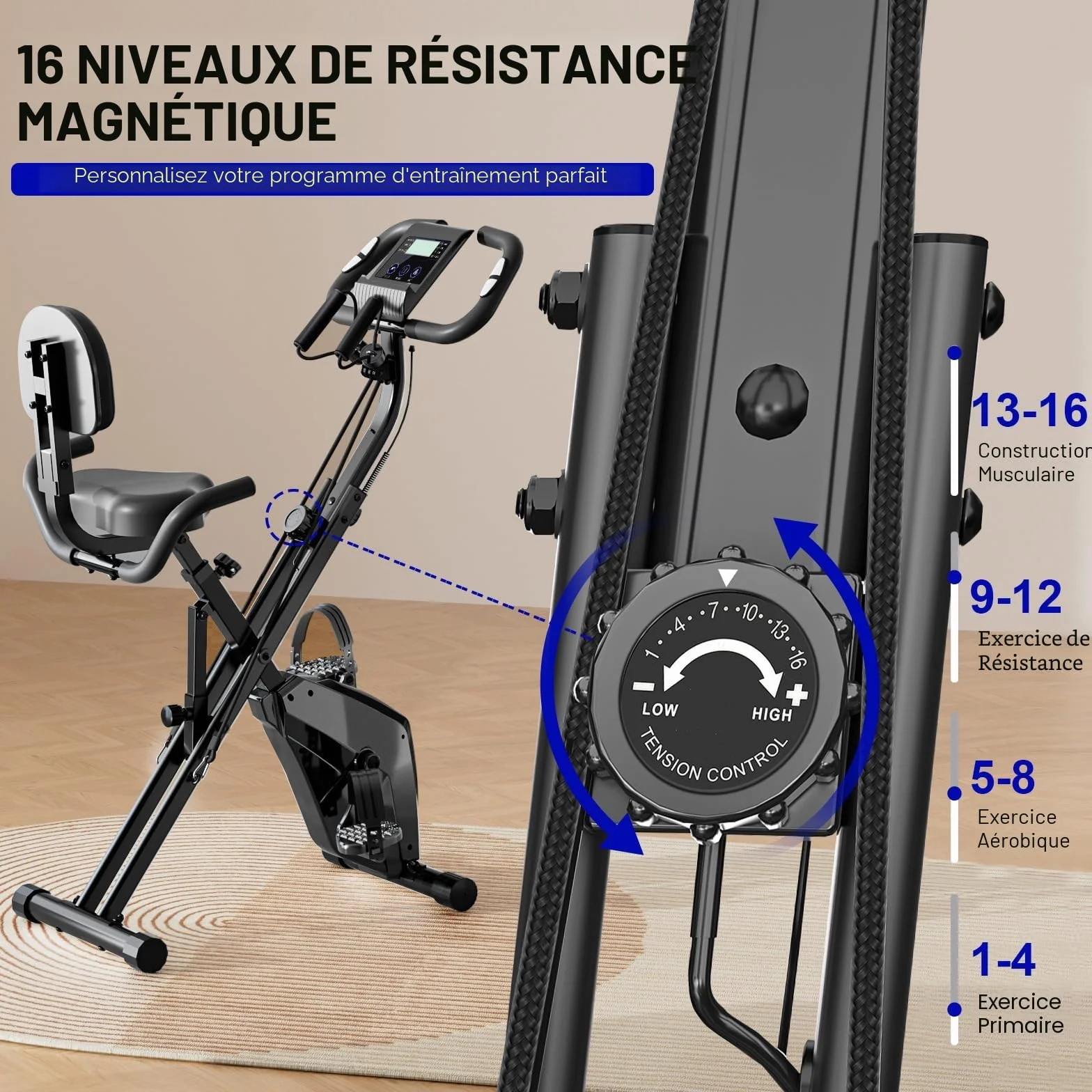 Vélo d'appartement pliable 4 en 1 ergomètre 150 kg résistance magnétique réglable écran LCD fitness bike capteurs à pulsation
