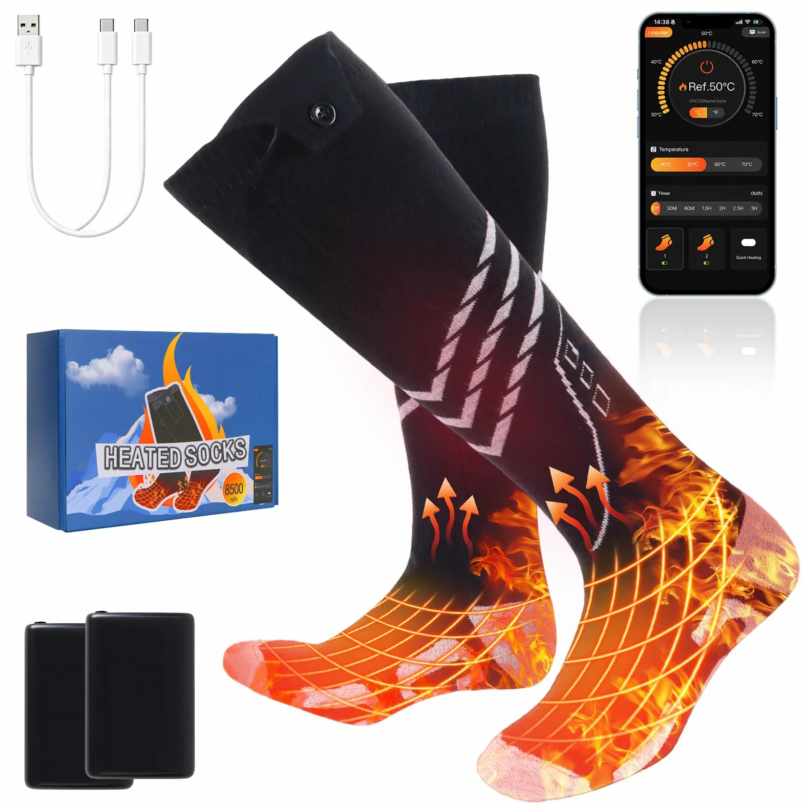 Ninonly Chaussettes Chauffantes pour Hommes Femmes 8500mAh Contrôle par APP 4 Niveaux de Chauffage Batterie Chaussette Chauffante Rechargeables pour Ski, Randonnée, Camping Activités M
