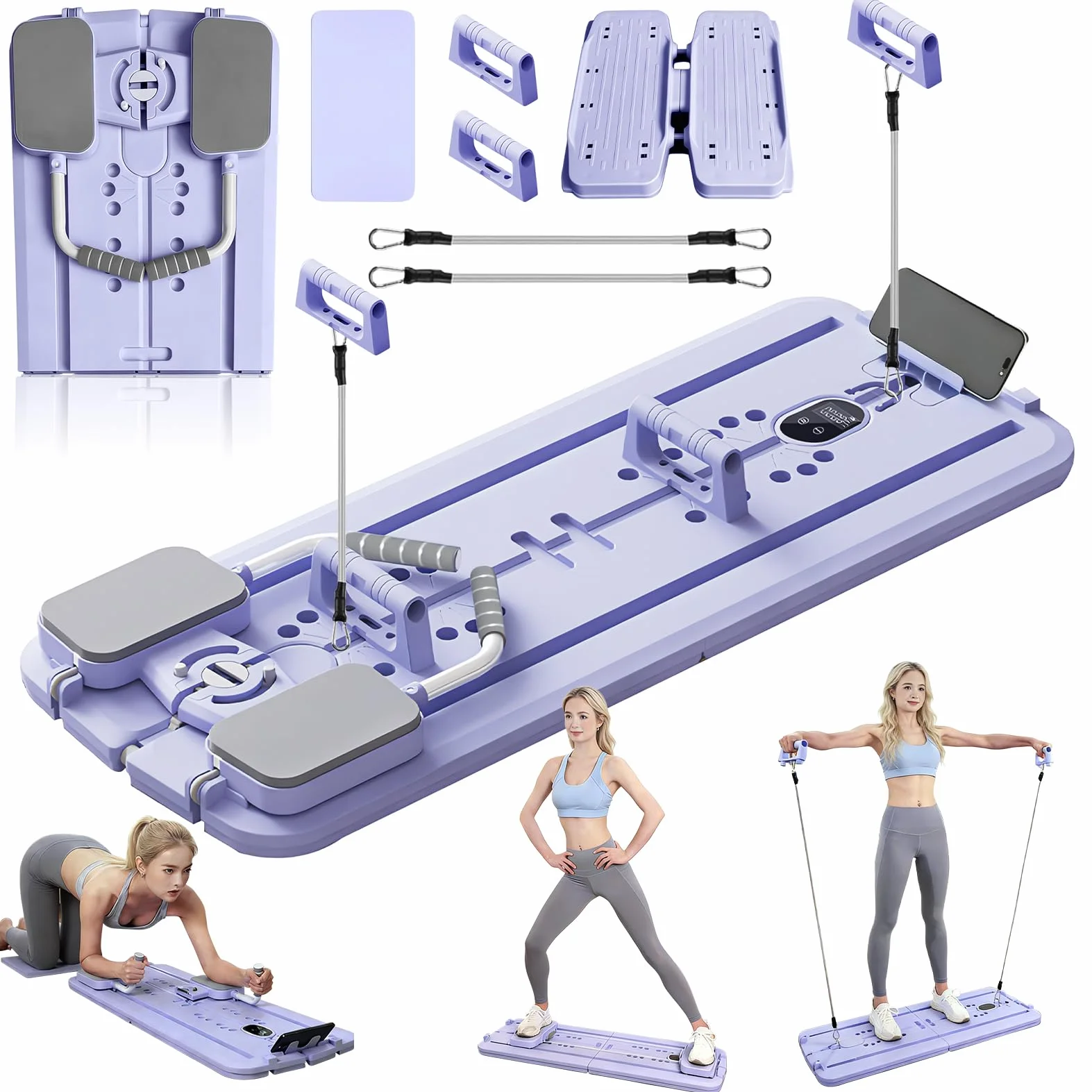 Pilates Reformer Multifonctionnelle avec Rouleau Abdominal Rebond Automatique, Pompes et Corde de Tension