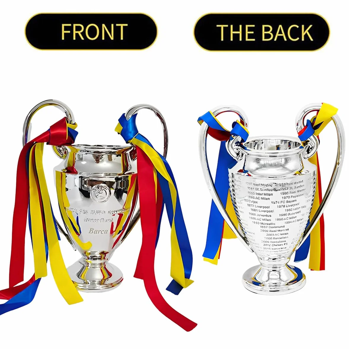 Réplique Trophée de la Ligue des Champions,Trophées des Champion d'europe De Football avec 3 éVentails De Rubans De Couleur Décorations pour La Maison Collection Ornements D'affichage,32cm