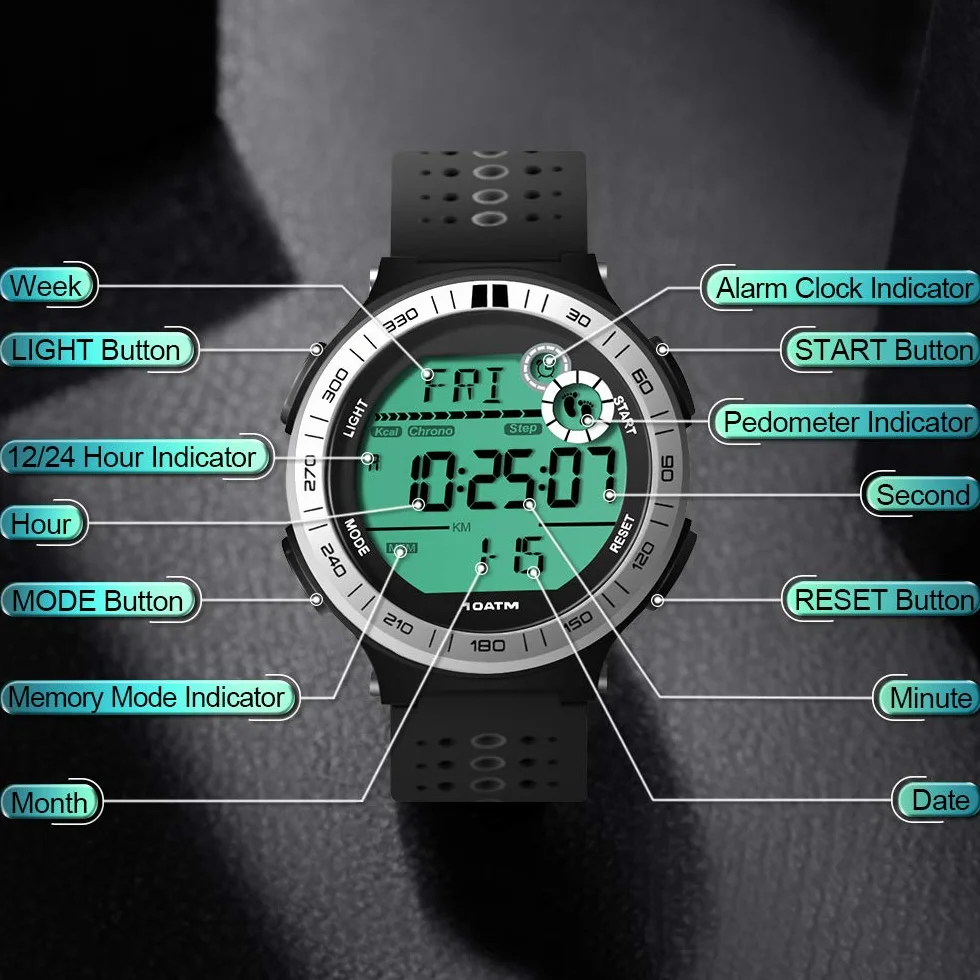 Montre Sport Homme Etanche 100 Mètres Pédomètre Chronomètre Réveil Calendrier Rétroéclairage