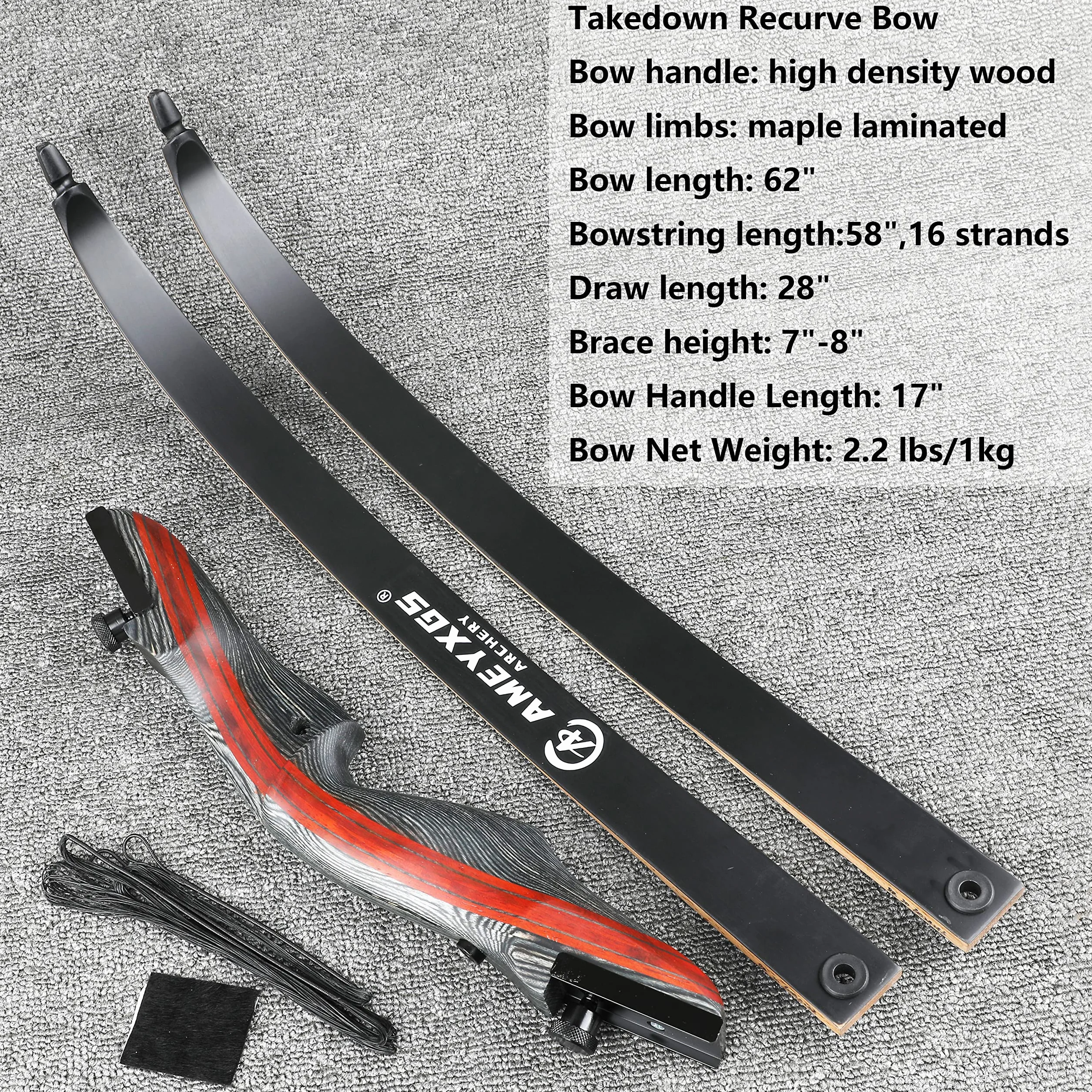 AMEYXGS Arc Takedown Recurve 62 Pouces Tir à l'Arc Chasse 20-35lbs Bois Traditionnel Long avec Flèches Carbone