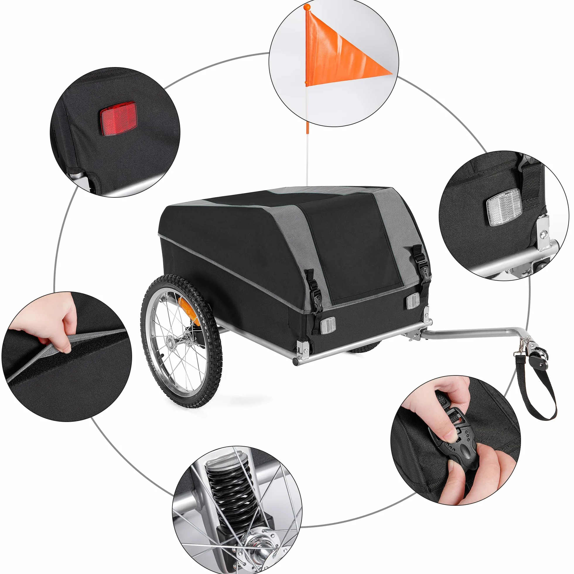 Remorque Velo Cargo Pliante avec Amortisseur, Capacité 120L 40kg, Signal de Sécurité, Bâche Jaune