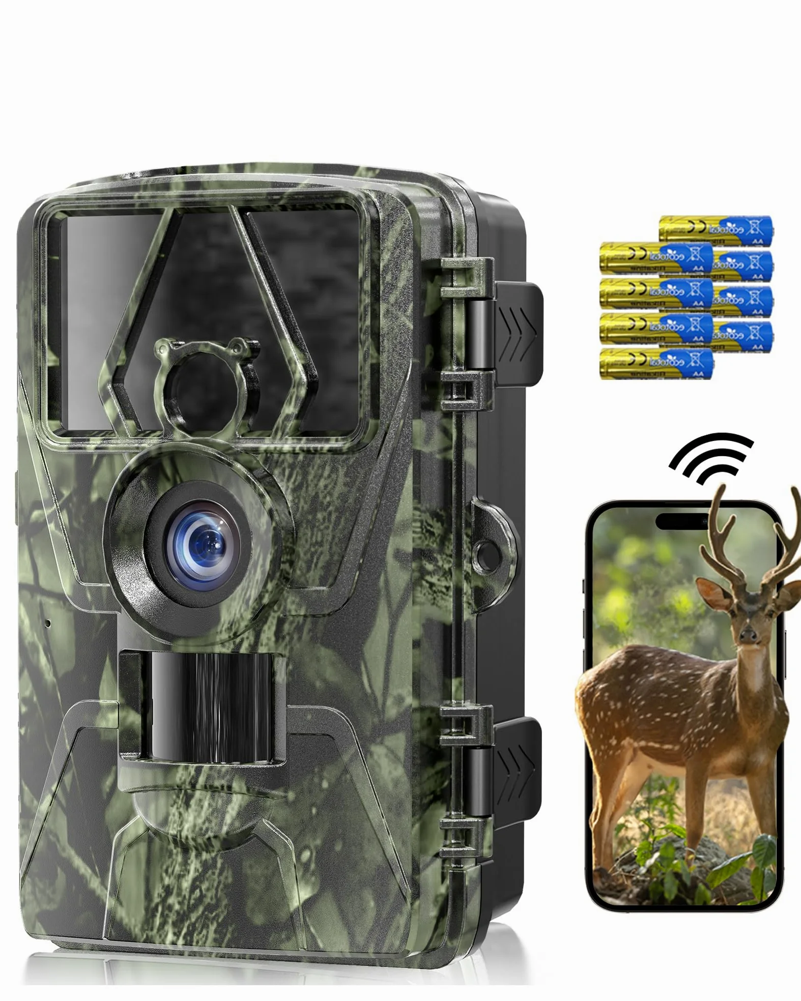 Camera de Chasse connectée téléphone, 8K 60MP caméra de Chasse avec Vision Nocturne, détection de Mouvement, Grand Angle 130°, Camera Chasse IP66 avec Carte SD 32 Go + 8 Piles AA