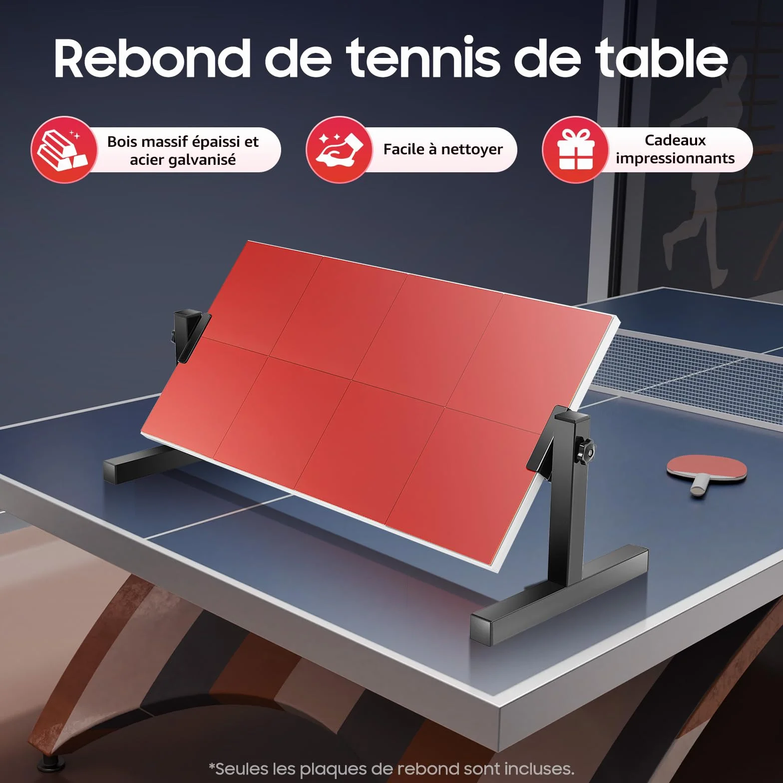 Entraîneur de tennis de table, angle réglable à 360°, 8 blocs en caoutchouc, grande zone d'exercice, tennis de table, planche de rebond avec 7 couches de bois, planche de rebond en acier pour