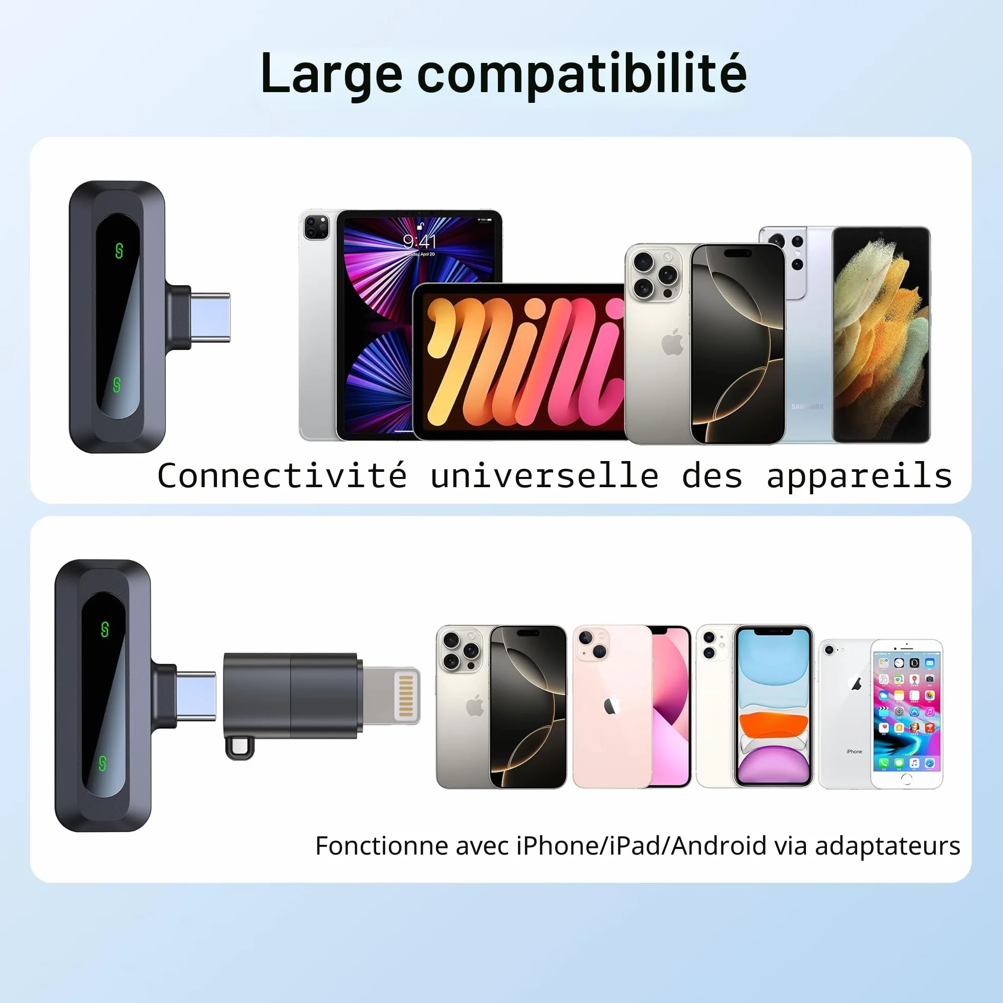 Microphone cravate sans fil pour iPhone USB-C, mini micro réduction bruit écran LED clip rotatif Vlog TikTok
