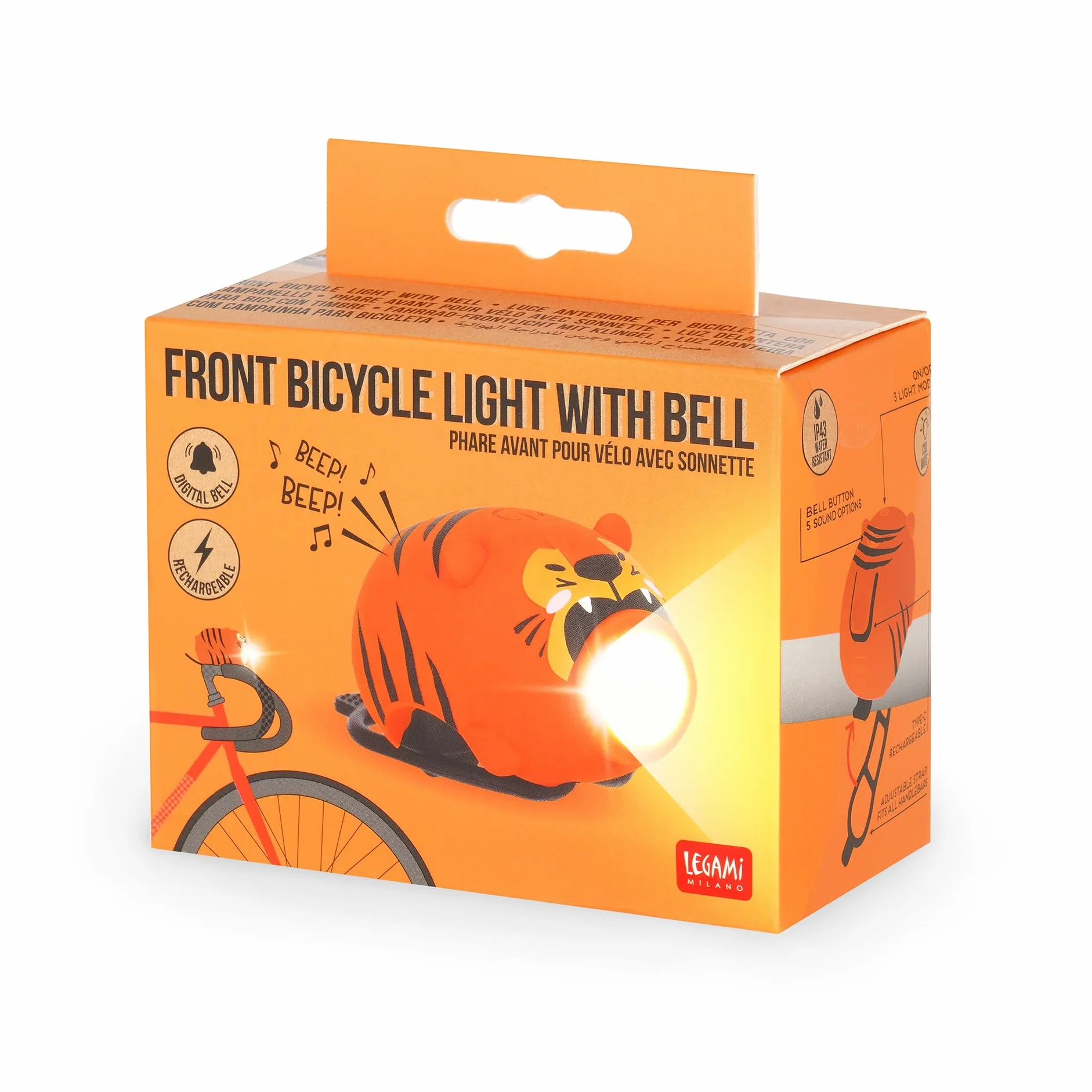 Legami - Feu Avant de vélo avec Cloche, Sangle réglable, 3 Modes Lumineux, 5 Modes sonores, câble de Type C Inclus, Rechargeable, résistant à l'eau