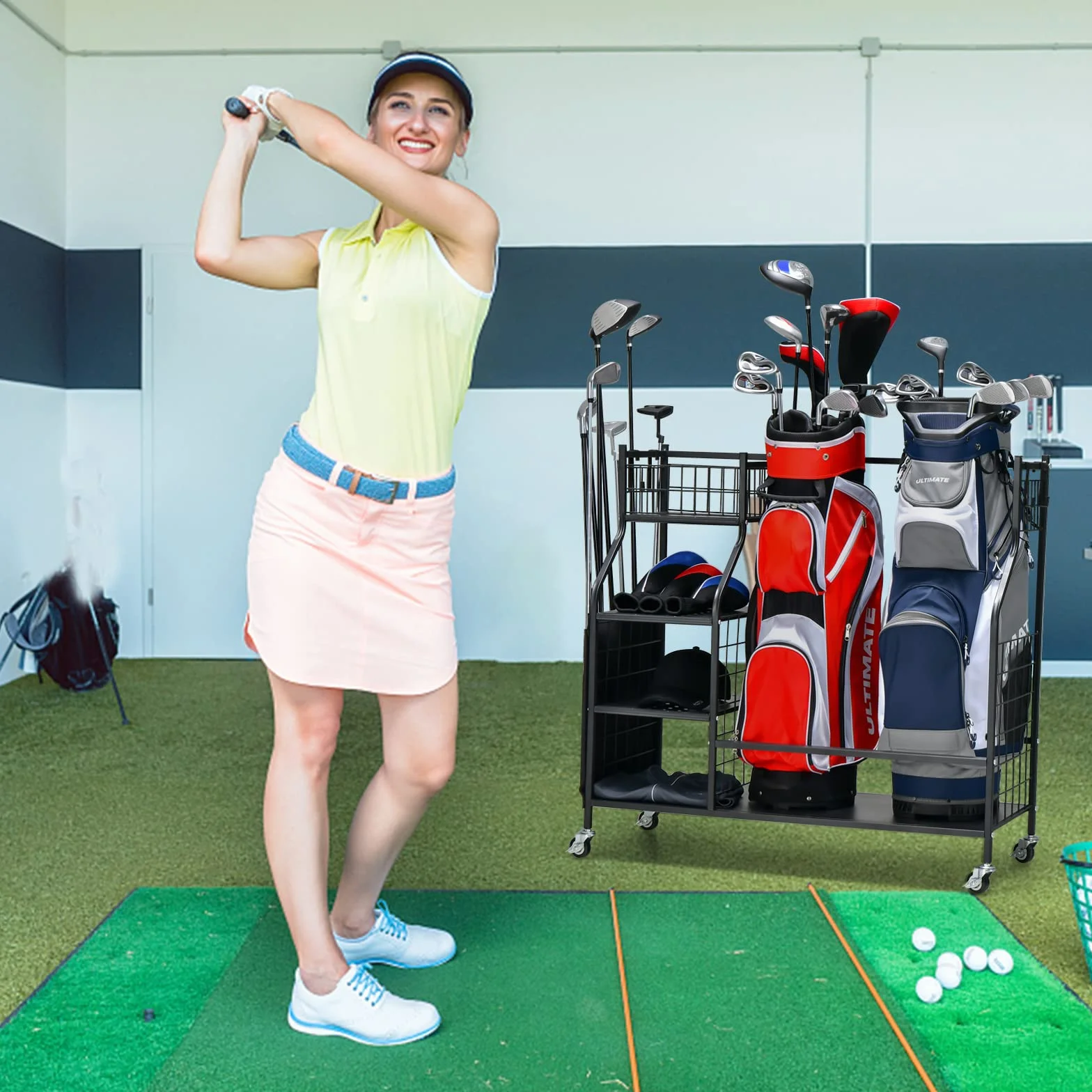 COSTWAY Support de Rangement pour Sac de Golf avec Roues Universelles Verrouillables, Organisateur de Stockage en Métal pour Accessoires Golf avec Étagère et 4 Crochets