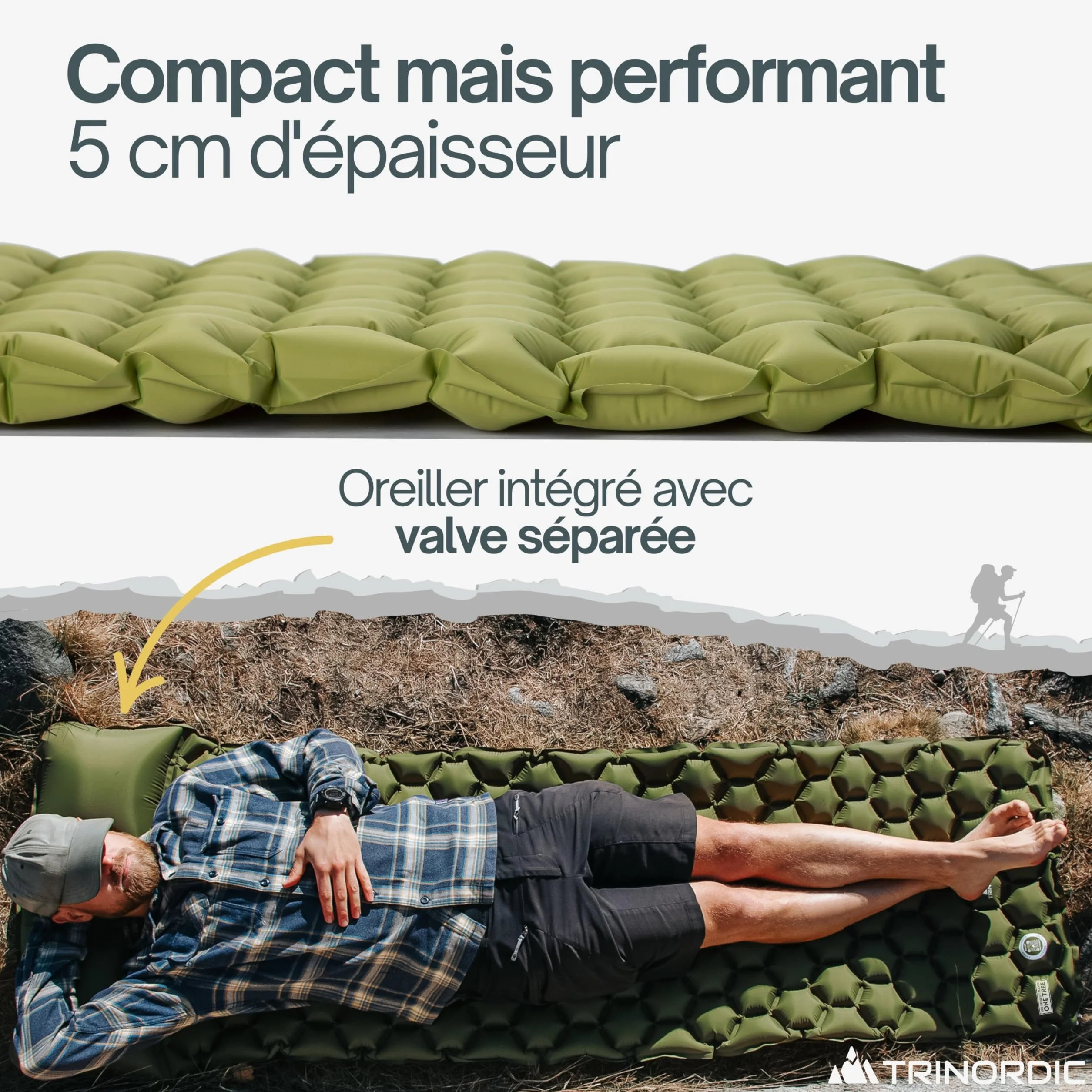 TRINORDIC Tapis de Camping Gonflable Ultraléger avec Oreiller - Matelas Pneumatique Simple pour Confort Optimisé