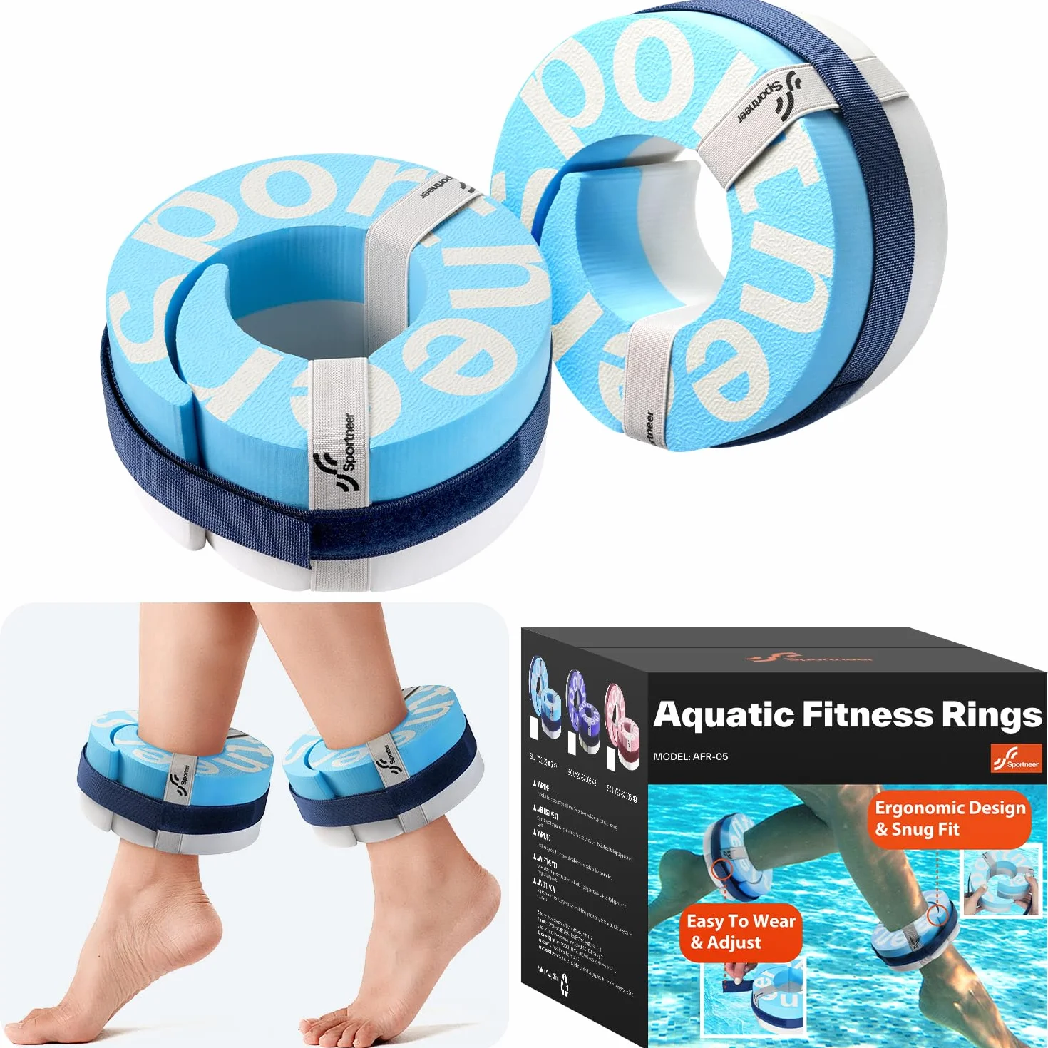 Sportneer Manchettes aquatiques en mousse – Équipement d'aérobic EVA haute densité, poids d'eau pour chevilles et bras avec boucle amovible pour Aqua Fitness, exercices en piscine et jogging aquatique