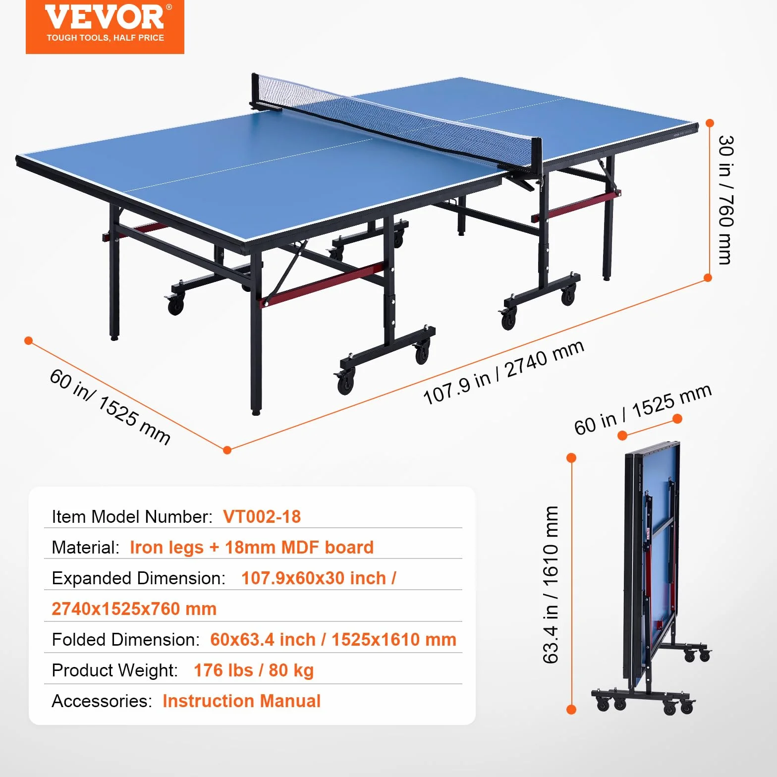 VEVOR Table de ping-pong pliable MDF 18 mm avec filet à serrage rapide et roues verrouillables