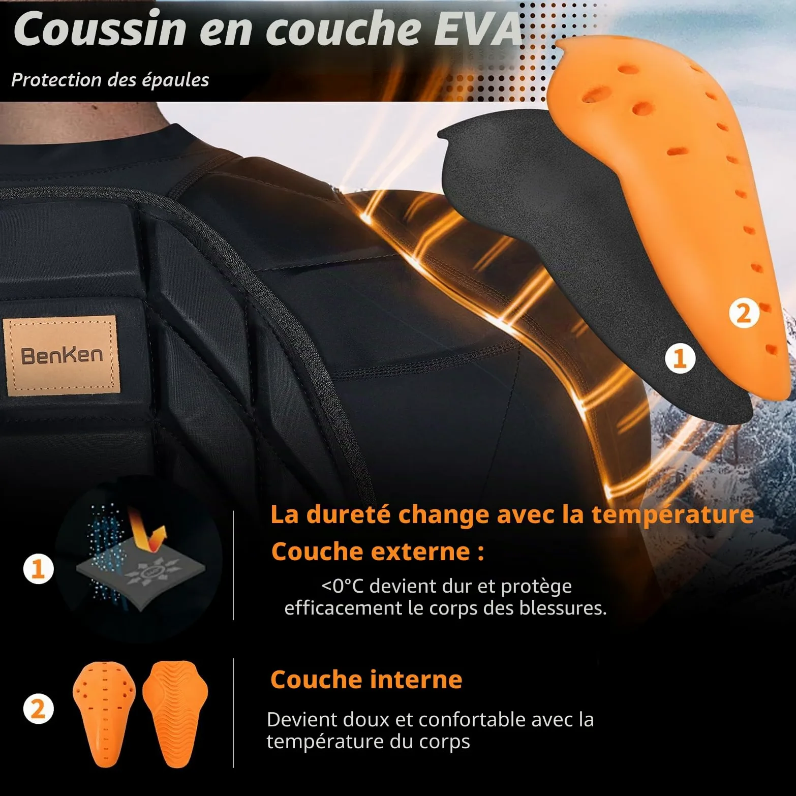 BenKen Équipement de protection ultra léger pour le ski, la colonne vertébrale et le dos, vêtements anti-collision pour snowboard, patinage, ski, équitation, moto, motocross Taille M