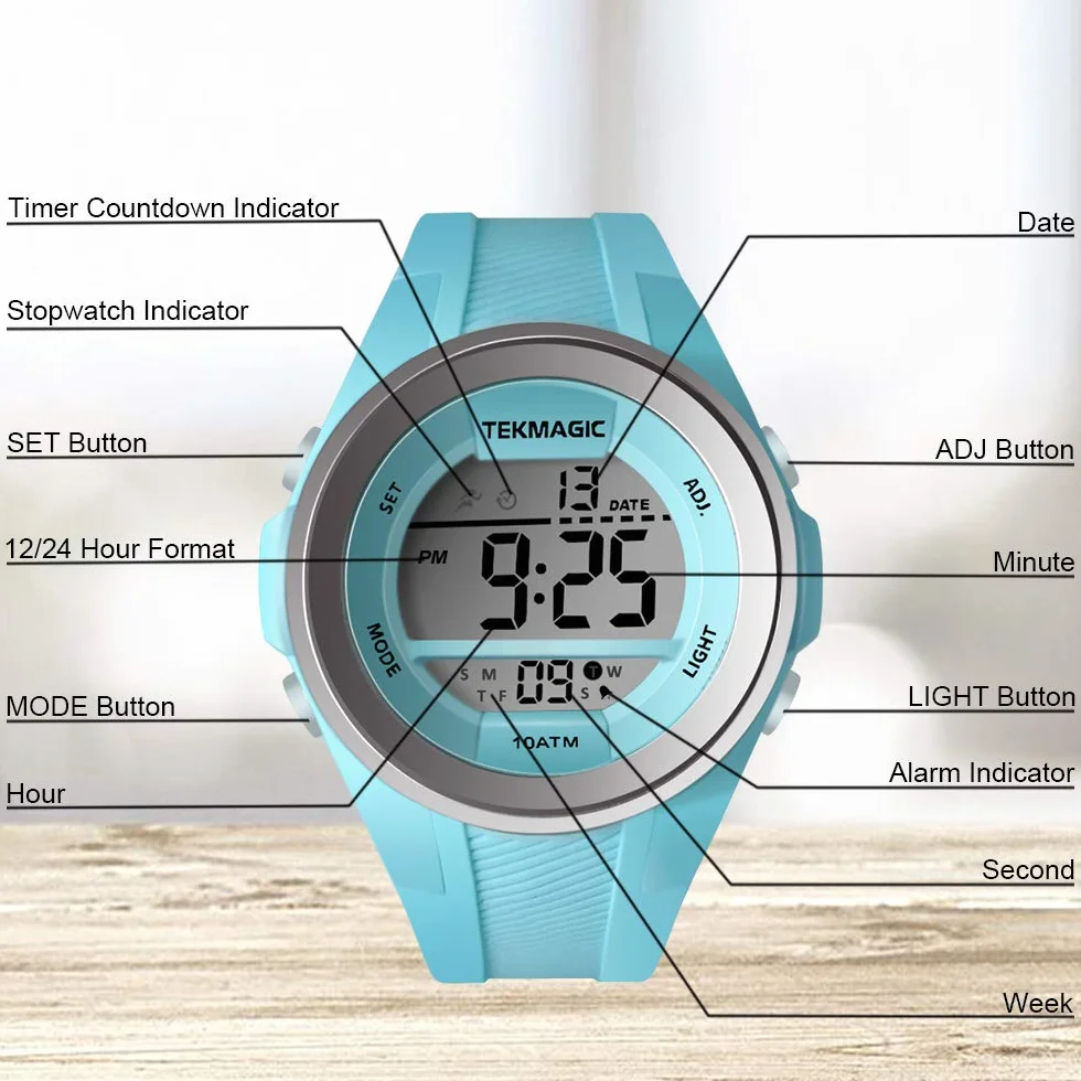 Montre Bracelet Filles Etanche 100 Mètres Chronomètre Réveil Minuteur Double Fuseau Horaire Calendrier Rétroéclairage 12/24 Heures