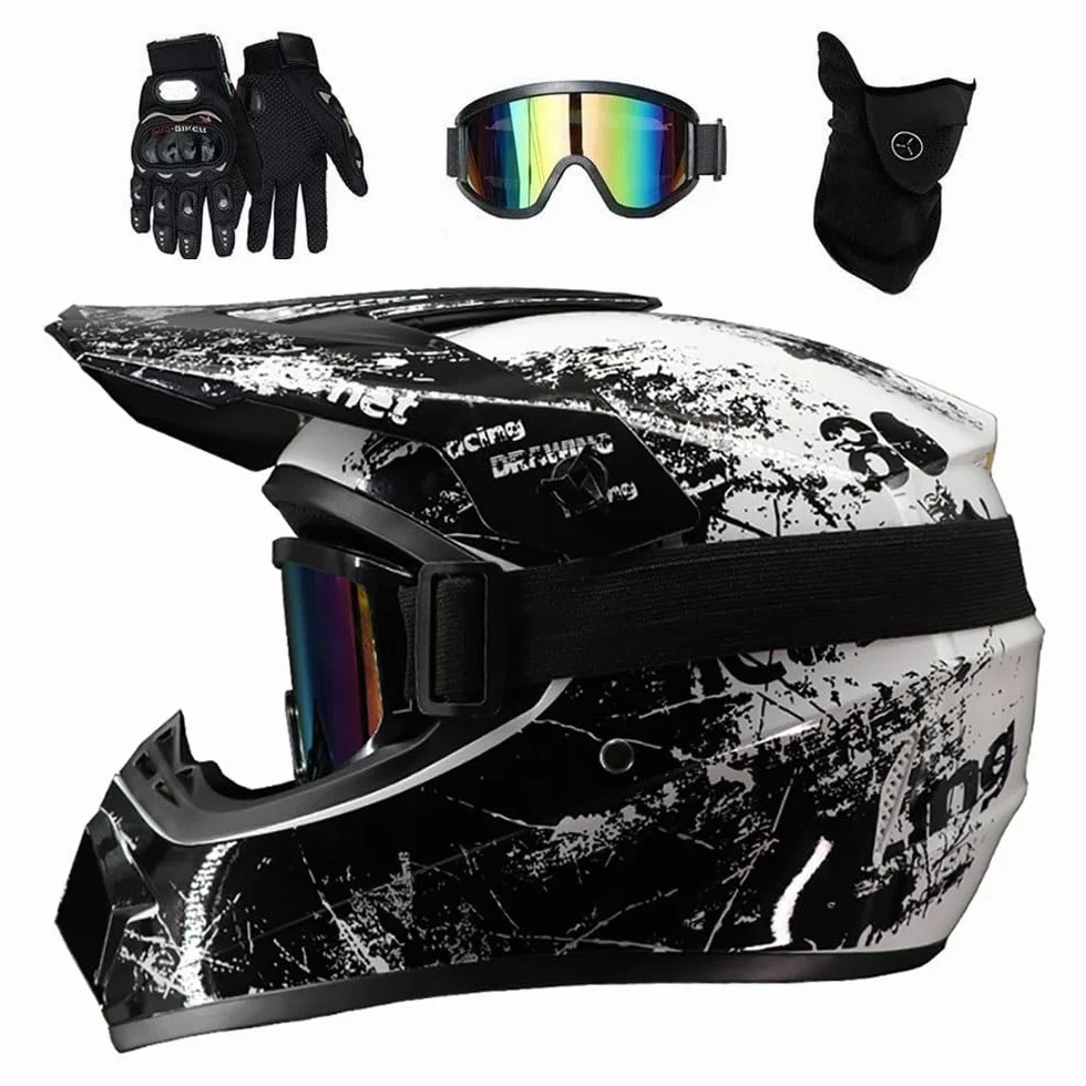 Casque de Motocross Double Sport Jeunesse Enfants Intégral Tout-Terrain Moto avec Lunettes Gants Masque