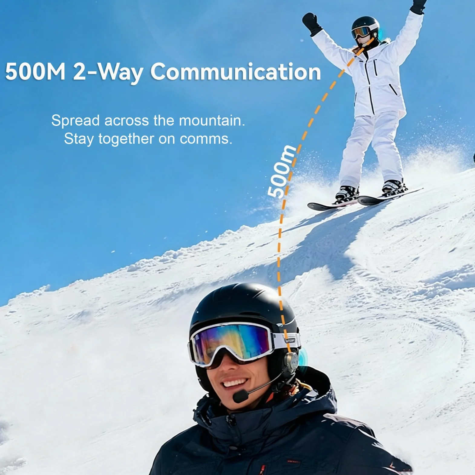 Casque de ski interphone Bluetooth avec microphone antibruit pour casque de ski, snowboard, appels mains libres et musique, système de communication bidirectionnel de portée 500 m, étanchéité IP56