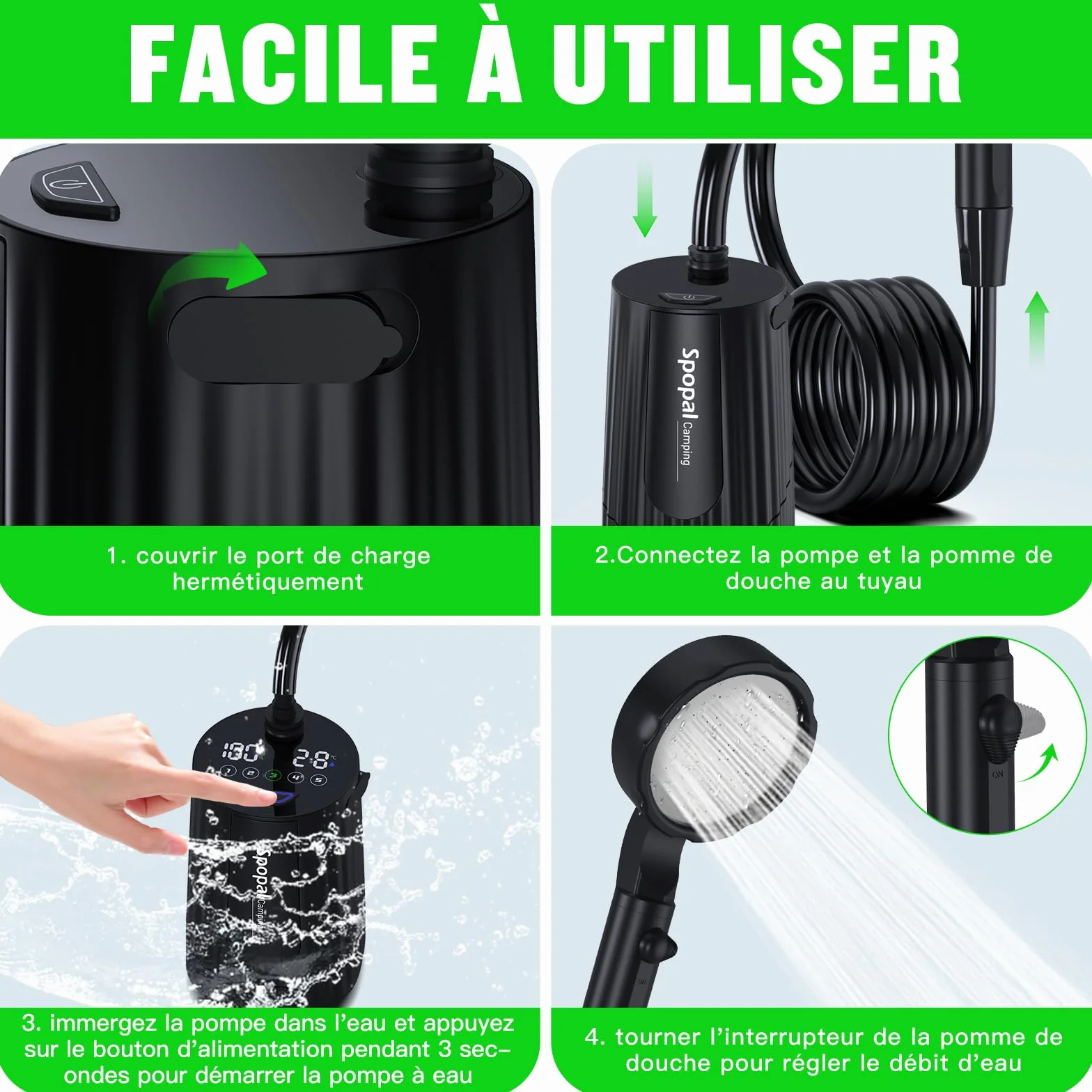 Spopal Douche Portable Camping Rechargeable 10000mAh avec Afficheur Intelligent 5 Vitesses Réglables