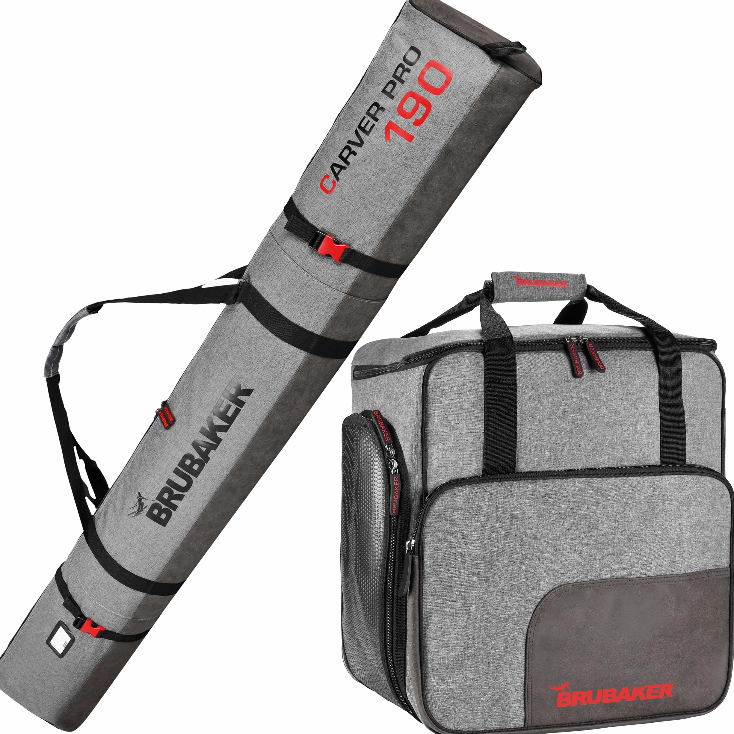 BRUBAKER Set de Ski Carver Performance - Housse et Sac pour 1 Paire de Skis, Bâtons, Chaussures, Casque - Noir/Gris chiné